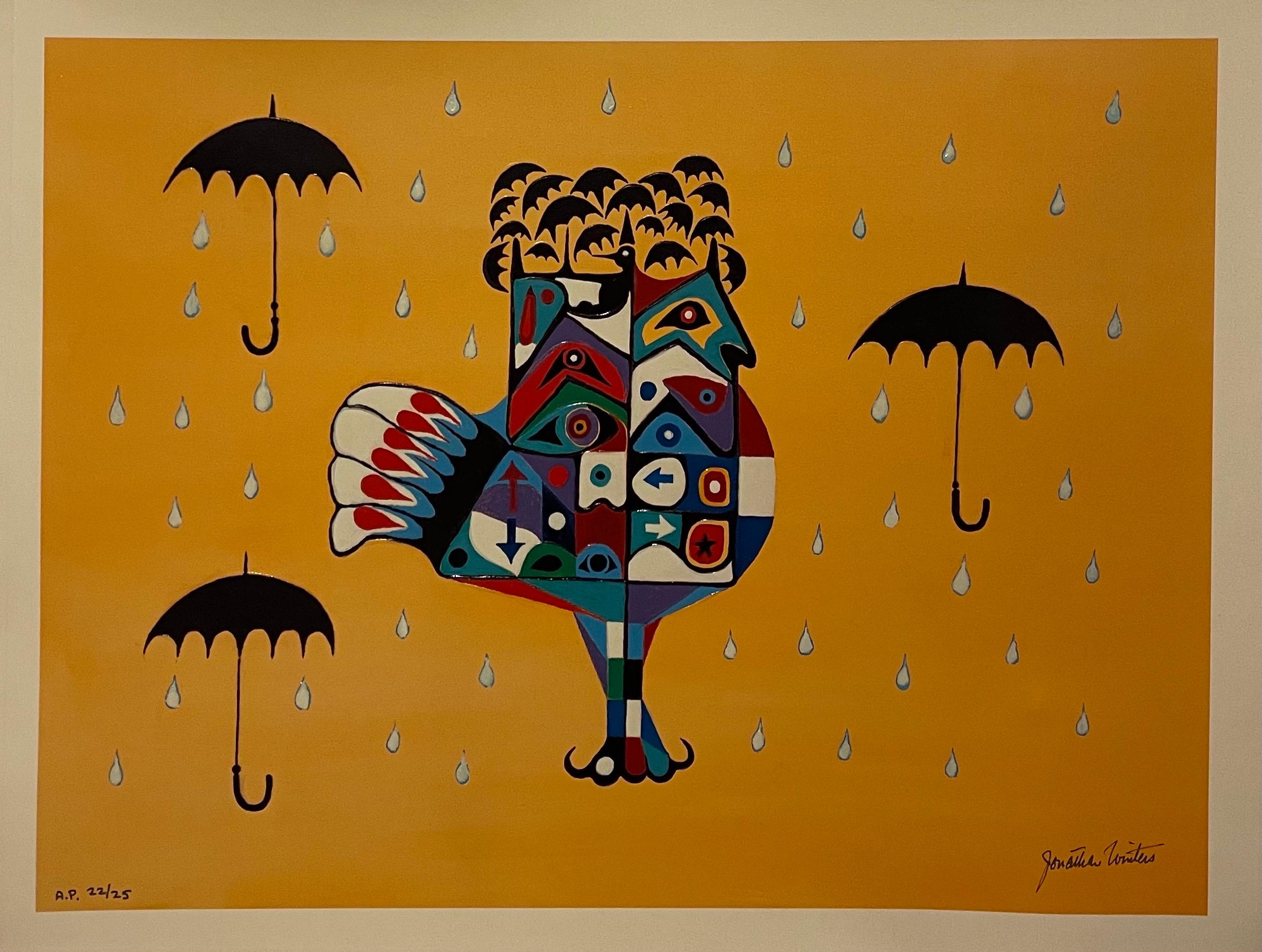 Overall 21 X 27 image is 17.25 X 23.5

This is a mixed media print on canvas by beloved comedian and artist Jonathan Winters. 
This one depicts a surrealist bird with umbrellas
Artist: Jonathan Winters 
Medium: Mixed media print on canvas; hand