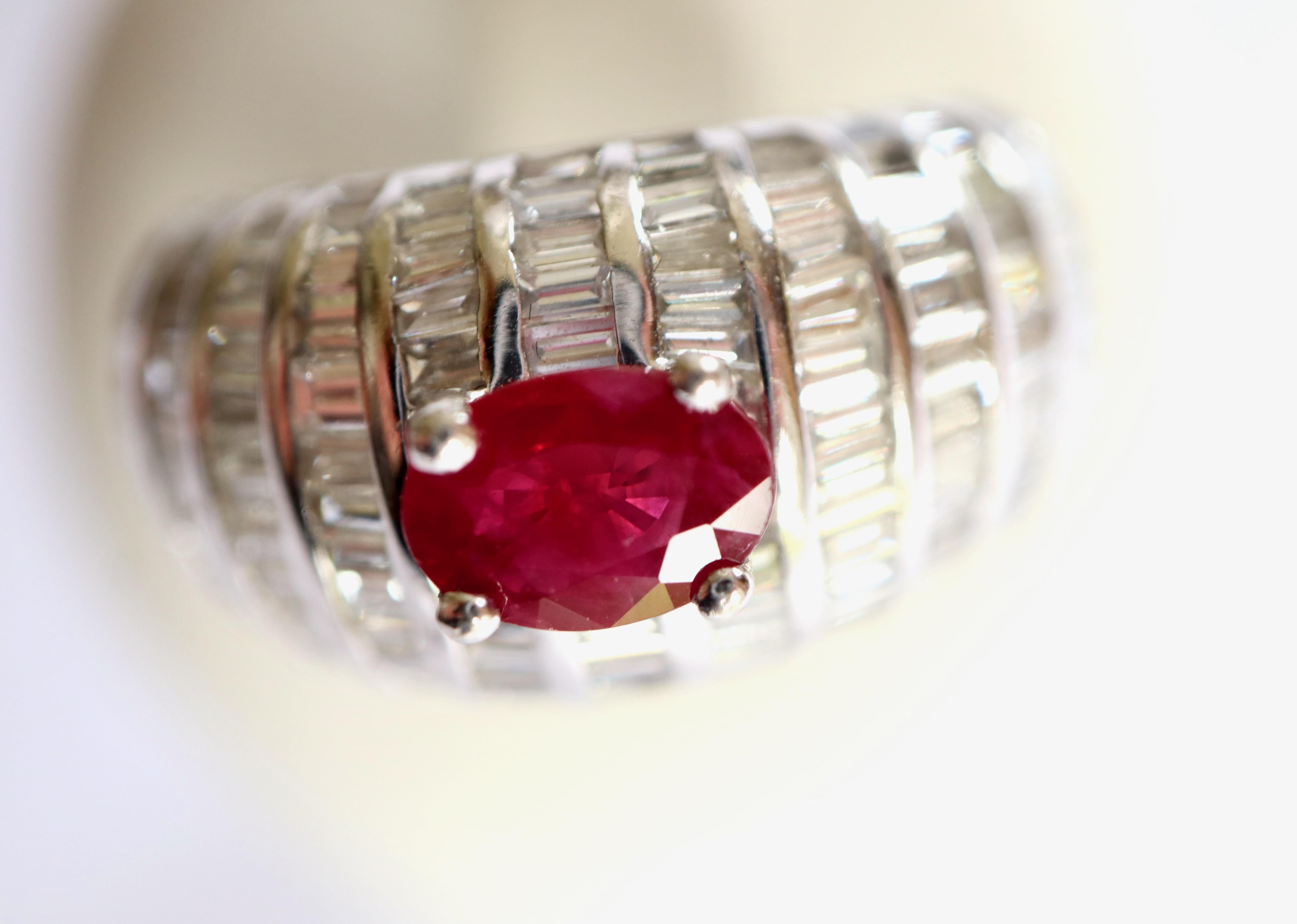 Jonc Ring in 18 Carat White Gold Oval Ruby and Diamonds For Sale 1