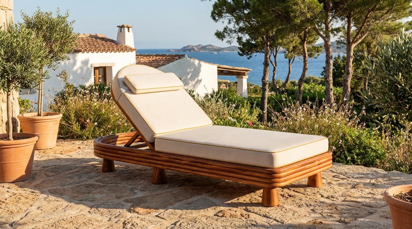 Le lit solaire Corsica, créé en partenariat avec Mediterrazza, est une expression intemporelle du luxe méditerranéen en plein air. Fabriqué à la main en bois d'iroko pour résister à la vie en plein air, il est doté d'un dossier réglable en cuir