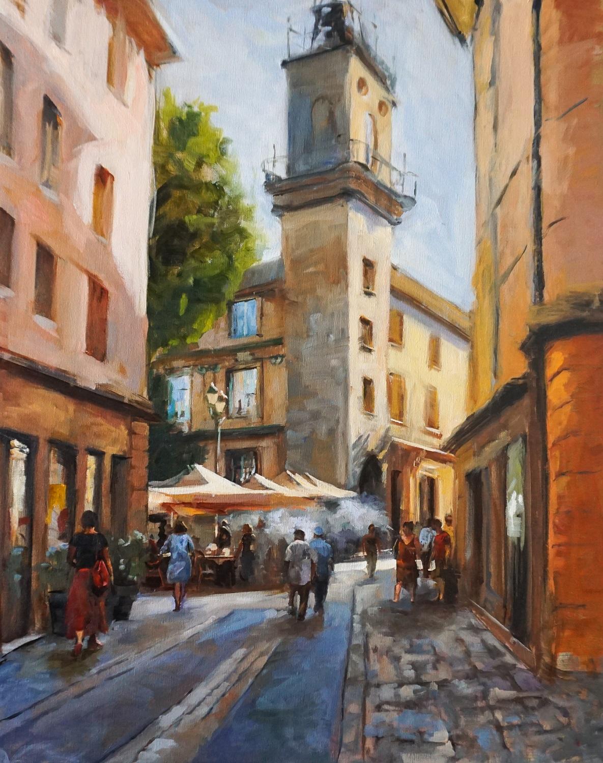 Busy Square in Aix en Provence, Oil Painting - Art by Jonelle Summerfield