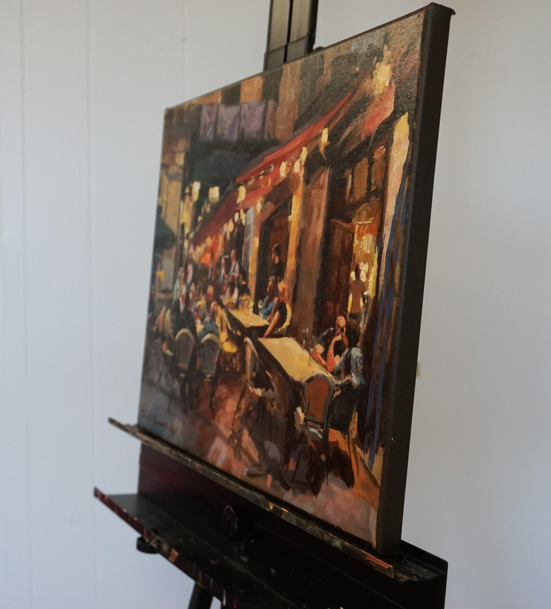 Leon Cafes at Night, Oil Painting - Black Interior Painting by Jonelle Summerfield