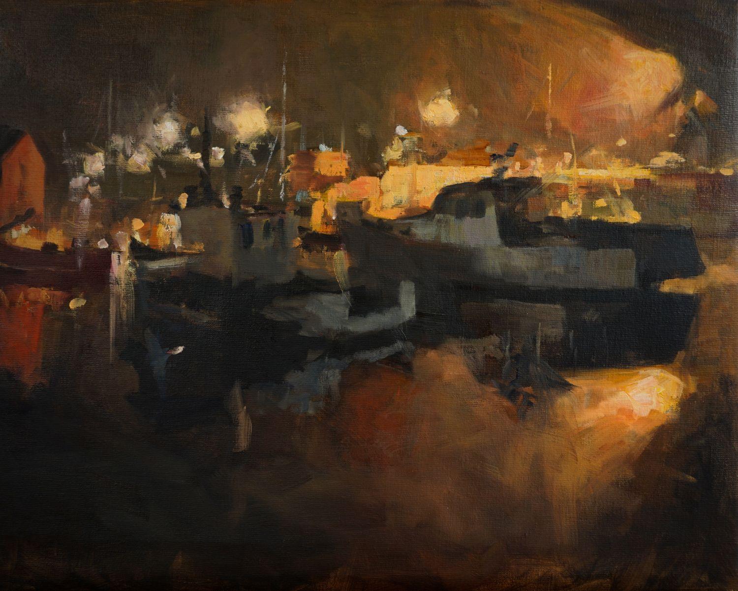 Landscape Painting di Jonelle Summerfield - Notte a Rockport, MA, Pittura ad olio astratta