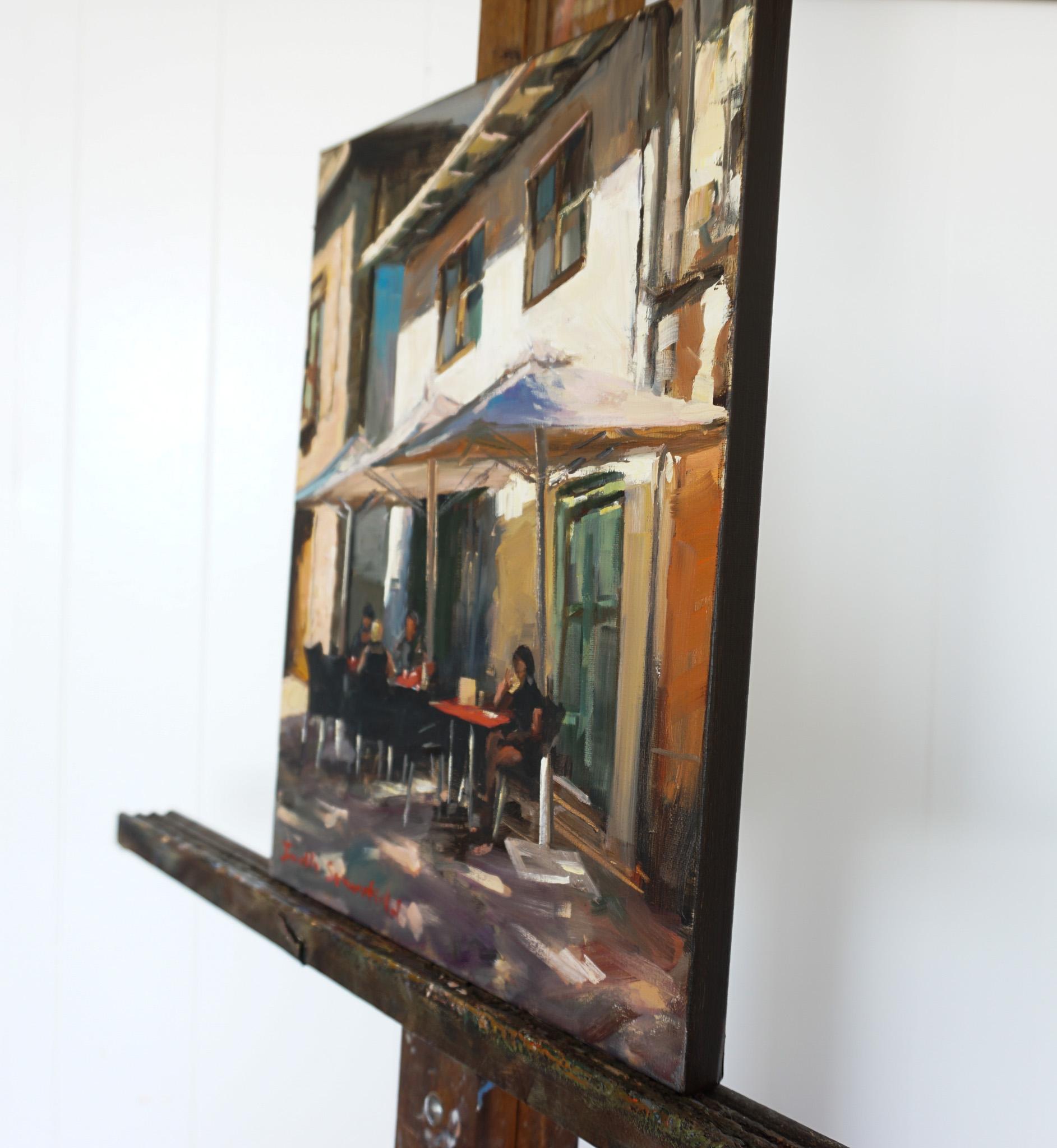 Sidewalk Cafe in Spain, Oil Painting - Black Interior Painting by Jonelle Summerfield
