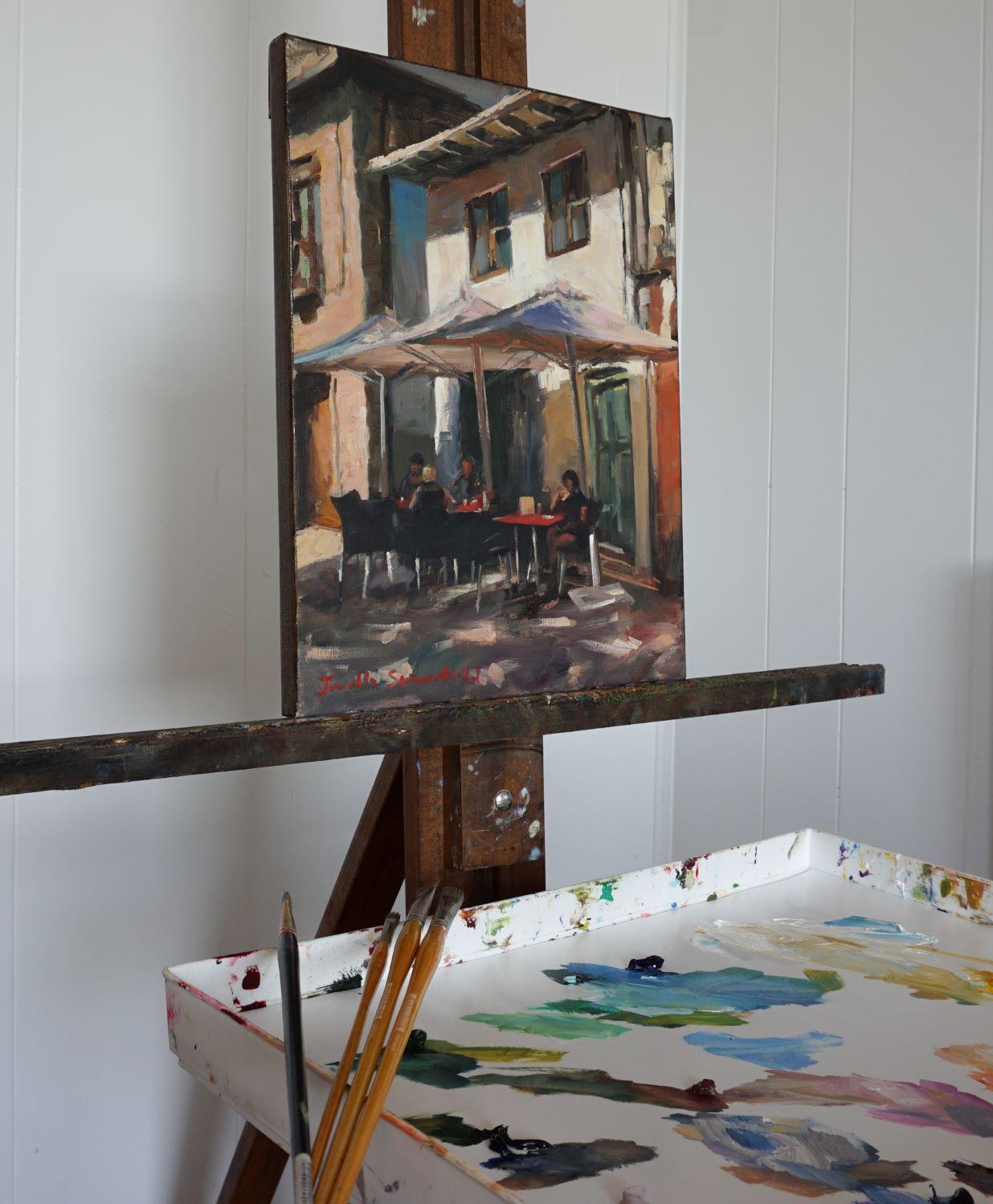 <p>Artist Comments<br />Cafe patrons sit under the shade of umbrellas, avoiding the direct sun while they sip their cortados. The impressionistic strokes capture the warm, inviting atmosphere of the cafe. Artist Jonelle Summerfield walked through