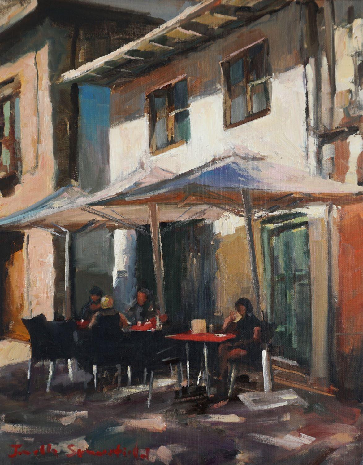 Jonelle Summerfield Interior Painting - Sidewalk Cafe in Spain, Oil Painting