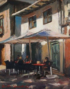 Cafe sur le trottoir d'Espagne, peinture à l'huile