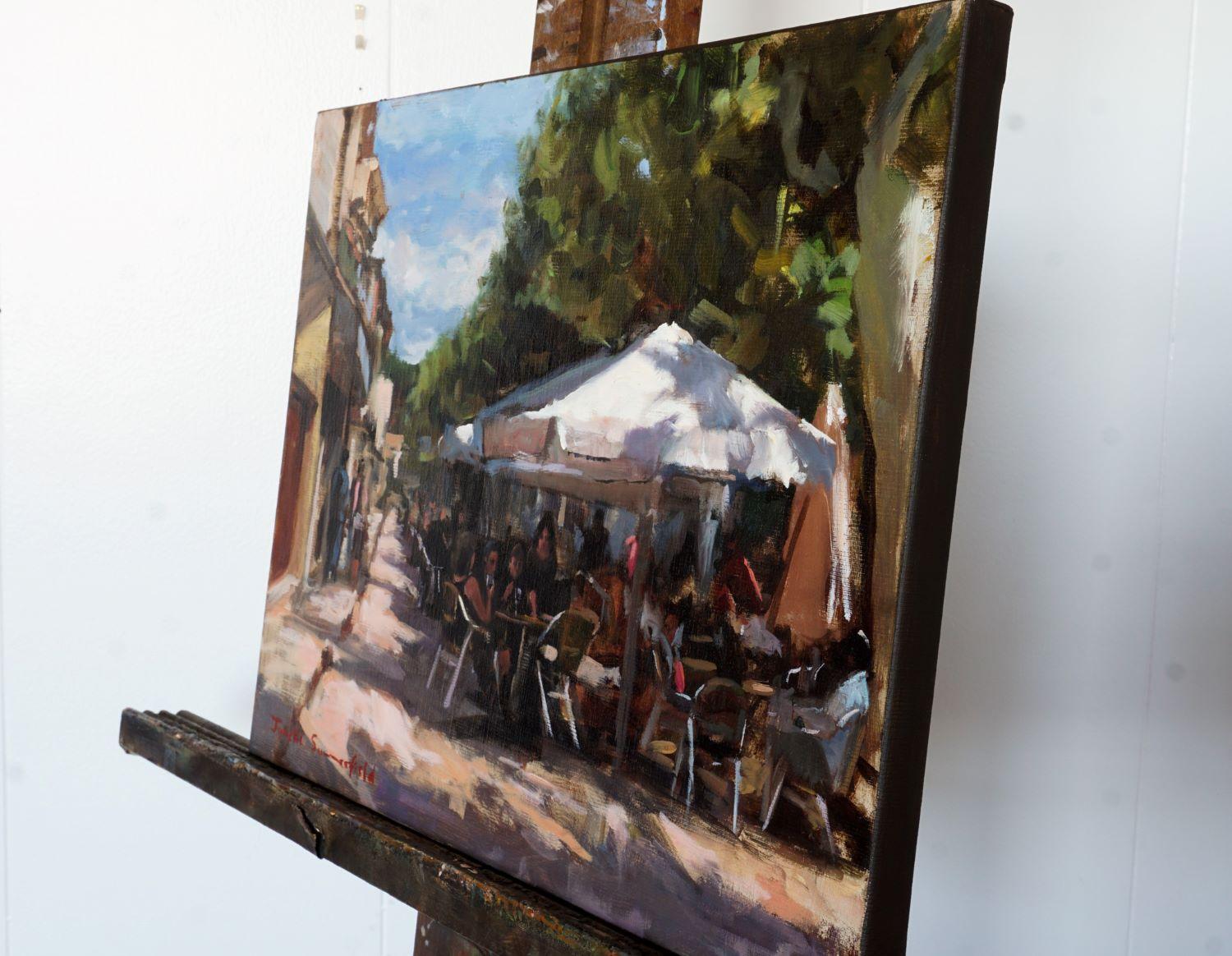 Sidewalk Cafes in Puente La Reina, Oil Painting - Impressionist Art by Jonelle Summerfield