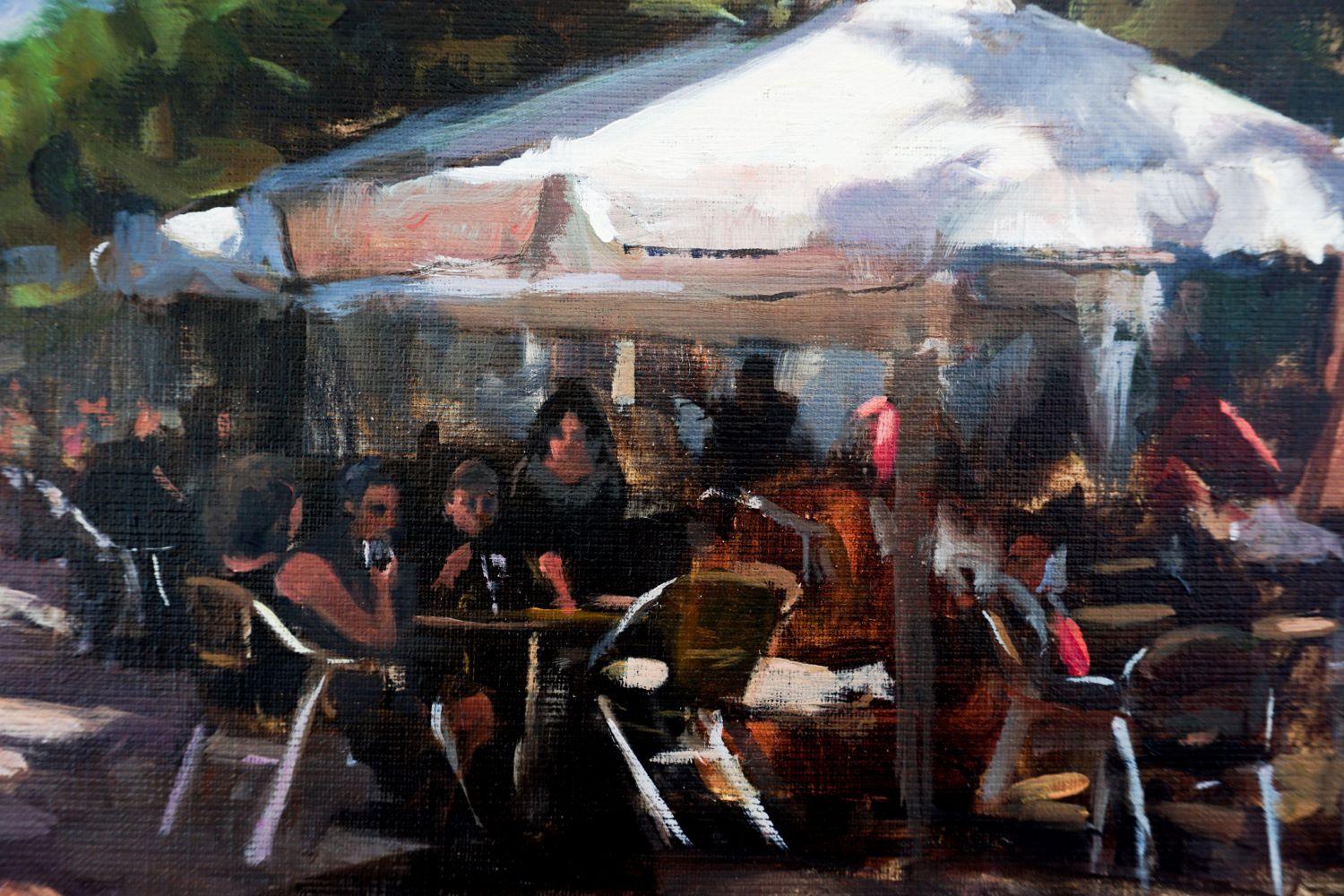 Sidewalk Cafes in Puente La Reina, Oil Painting For Sale 1