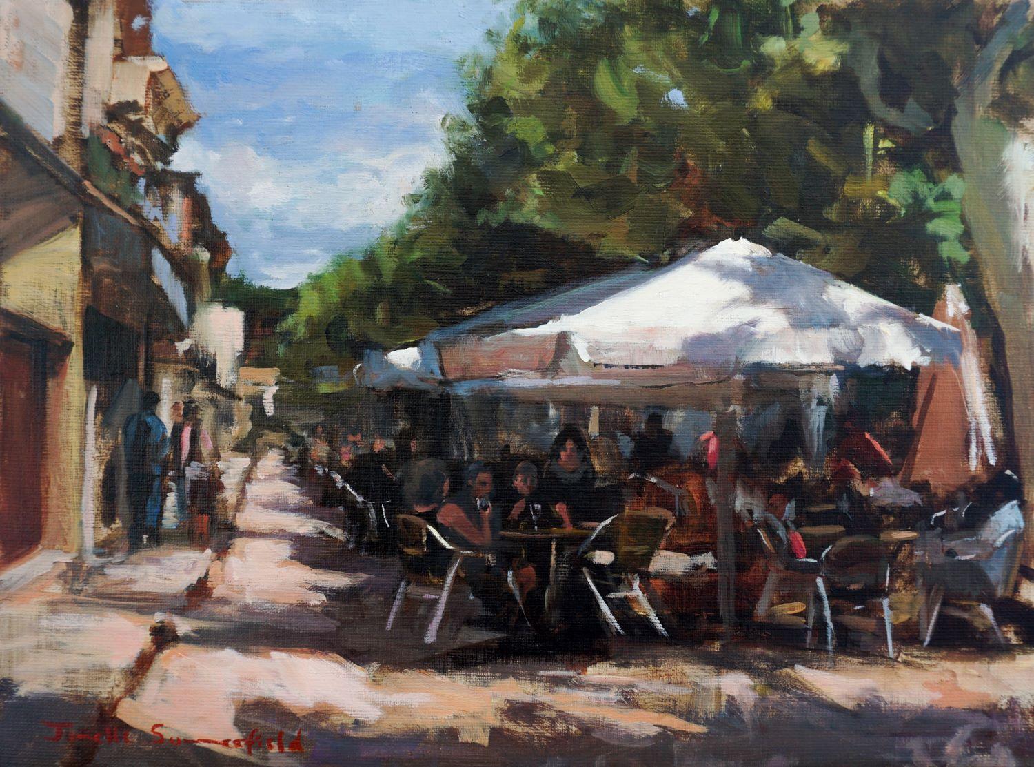 Sidewalk Cafes in Puente La Reina, Oil Painting - Art by Jonelle Summerfield