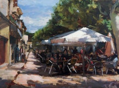 Sidewalk Cafes in Puente La Reina, Oil Painting