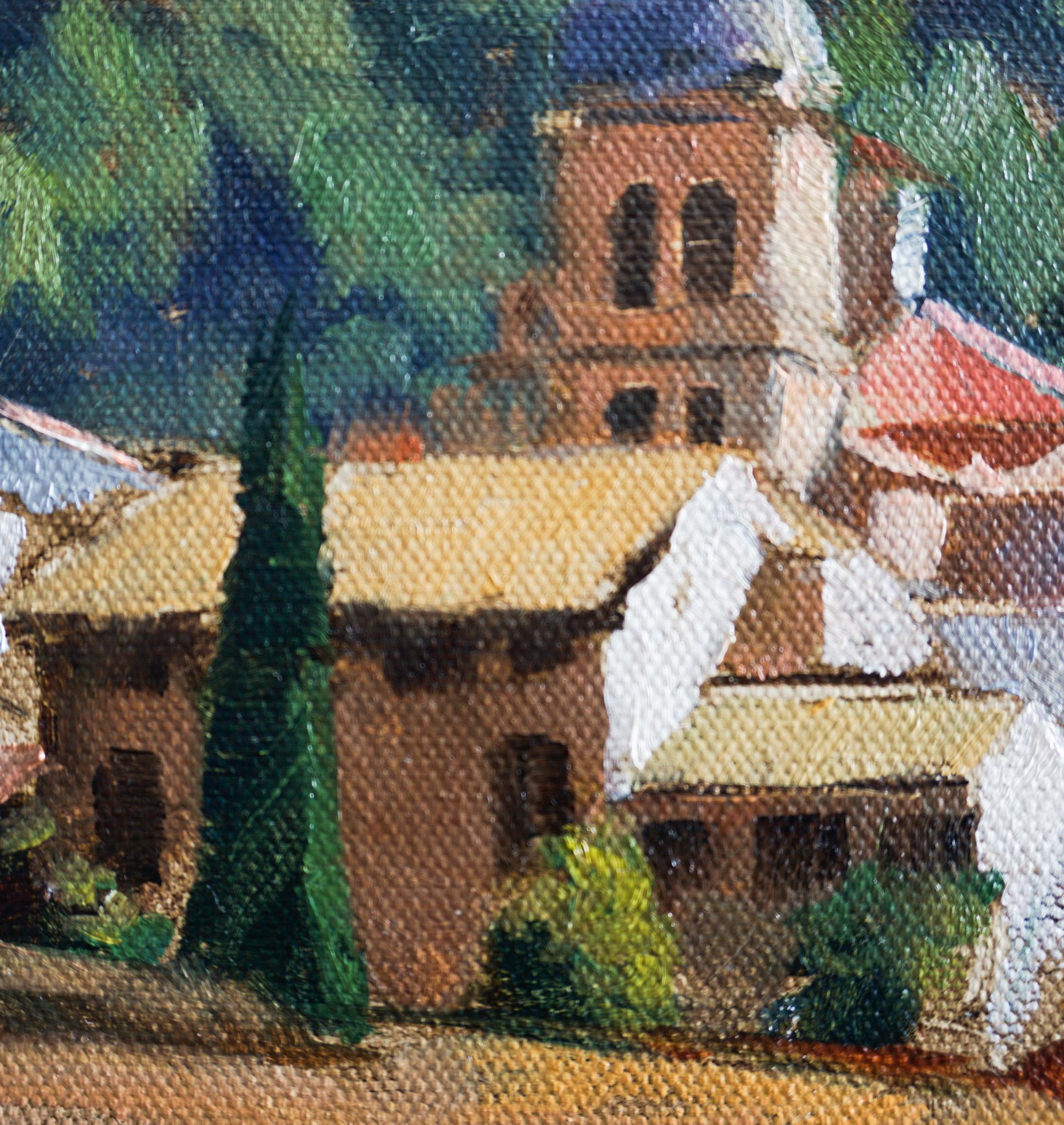 <p>Artist Comments<br />This oil painting features a quintessential village that hikers and pilgrims encounter while walking the Camino de Santiago. Travelers find timeless charm in the earth-toned and rustic churches and houses. While every town is