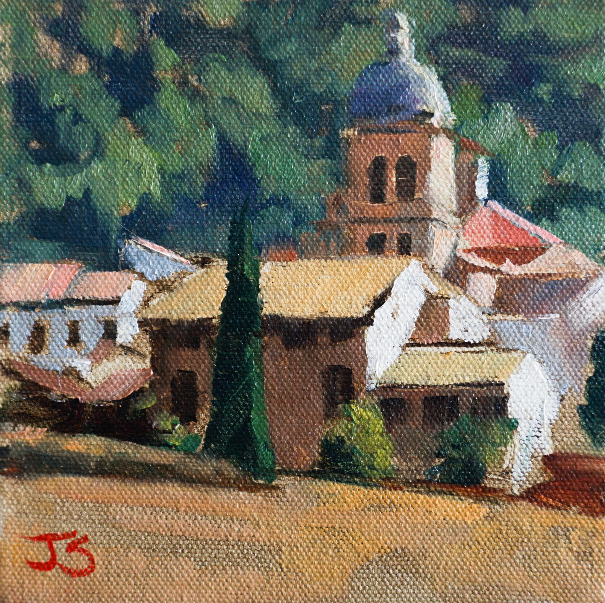 Village espagnol, peinture à l'huile - Art de Jonelle Summerfield