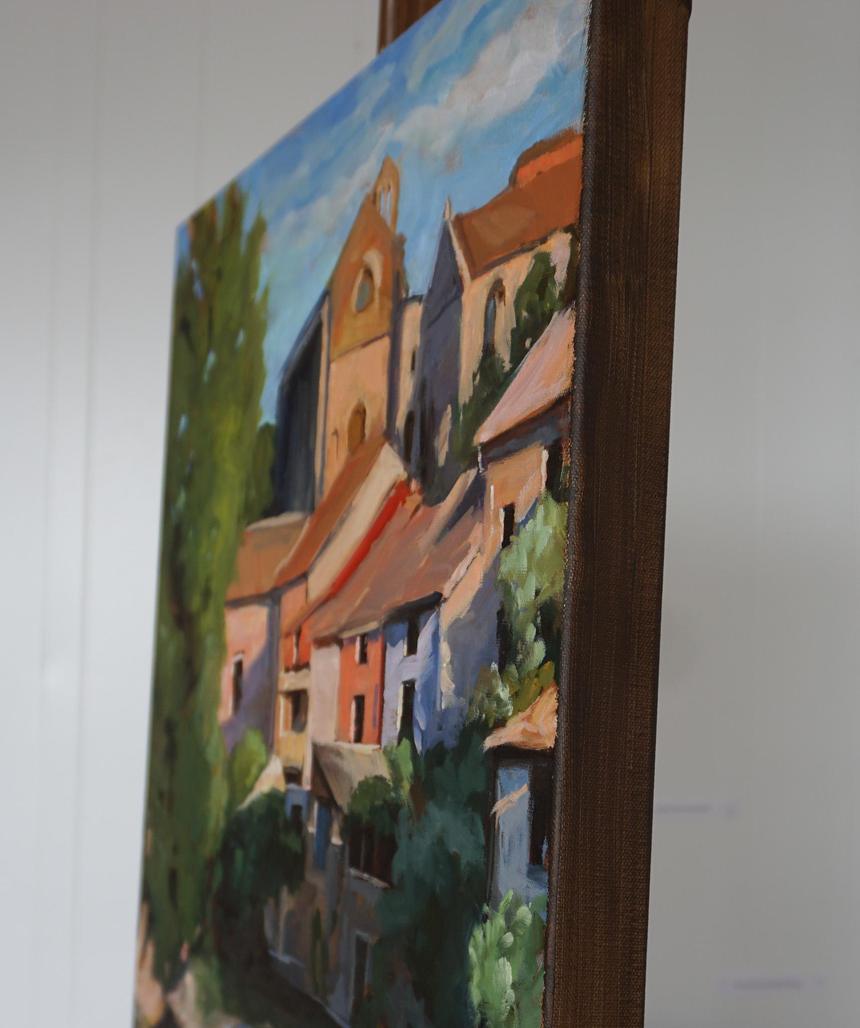 <p>Artist Comments<br>The painting offers a glimpse of the houses surrounding a river in Estella, Spain, a charming town along the Camino de Santiago. The sun casts a warm glow onto the picturesque location, tossing shadows onto apricot-colored