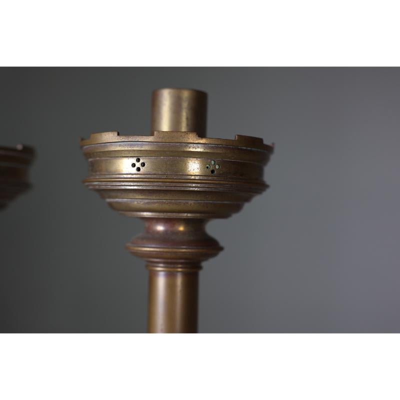 Jones and Willis. A pair of Gothic Revival heavy brass castellated candlesticks  For Sale 2