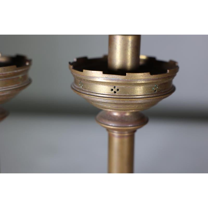 Jones and Willis. A pair of Gothic Revival heavy brass castellated candlesticks  For Sale 3