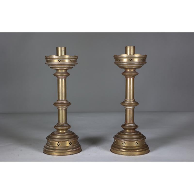 English Jones and Willis. A pair of Gothic Revival heavy brass castellated candlesticks  For Sale