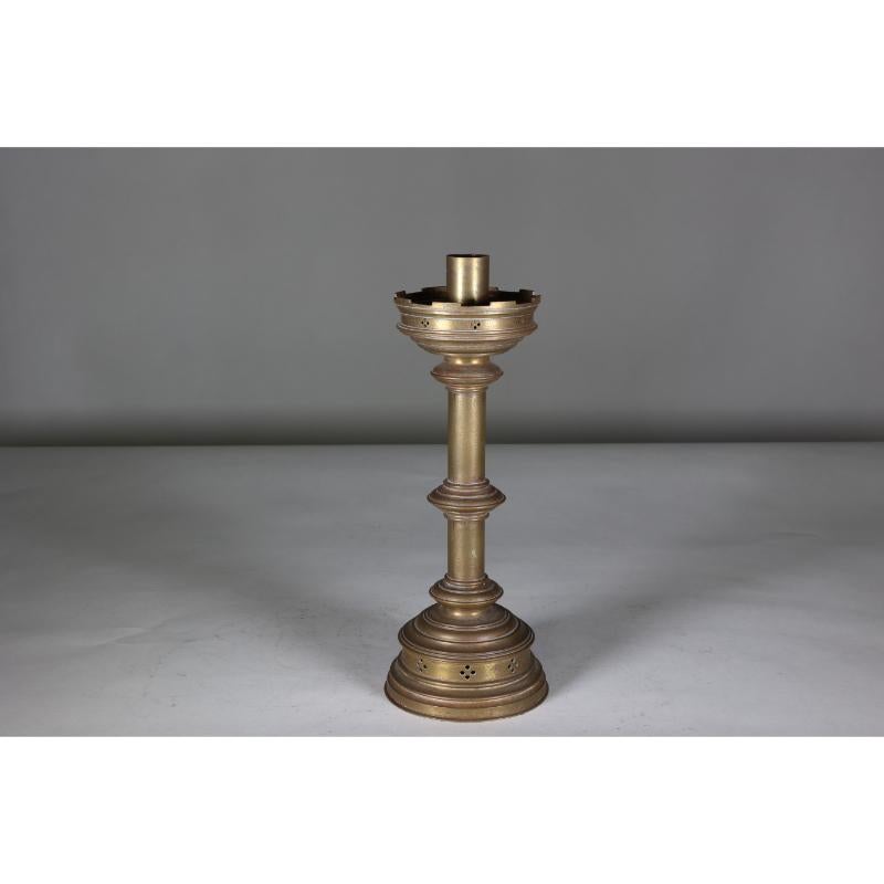 Late 19th Century Jones and Willis. A pair of Gothic Revival heavy brass castellated candlesticks  For Sale