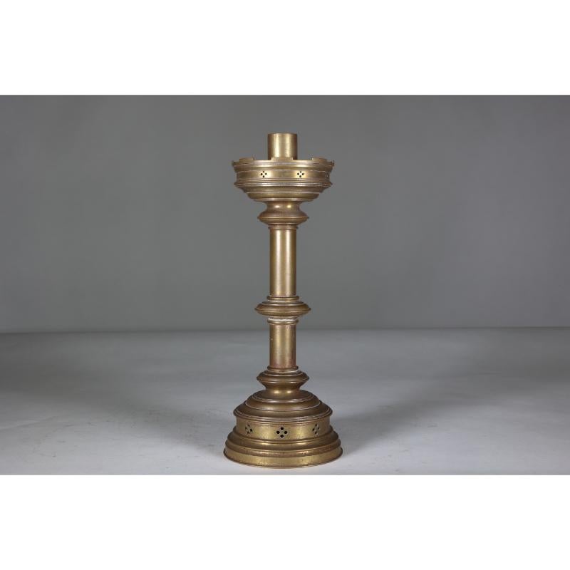 Brass Jones and Willis. A pair of Gothic Revival heavy brass castellated candlesticks  For Sale