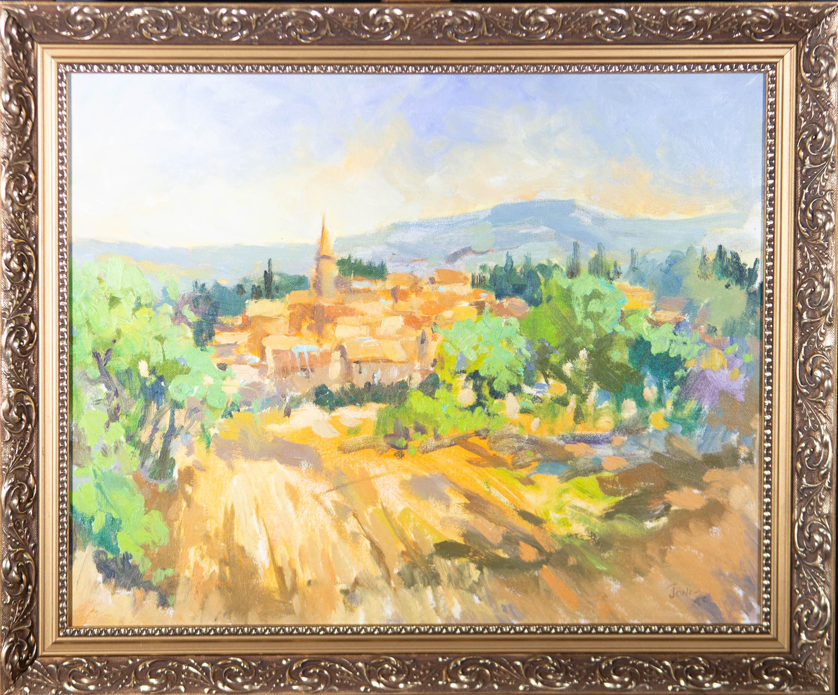 A fine and vibrant oil painting, depicting a French landscape view with a town in the distance. Signed and dated to the lower right-hand corner. On canvas board.





