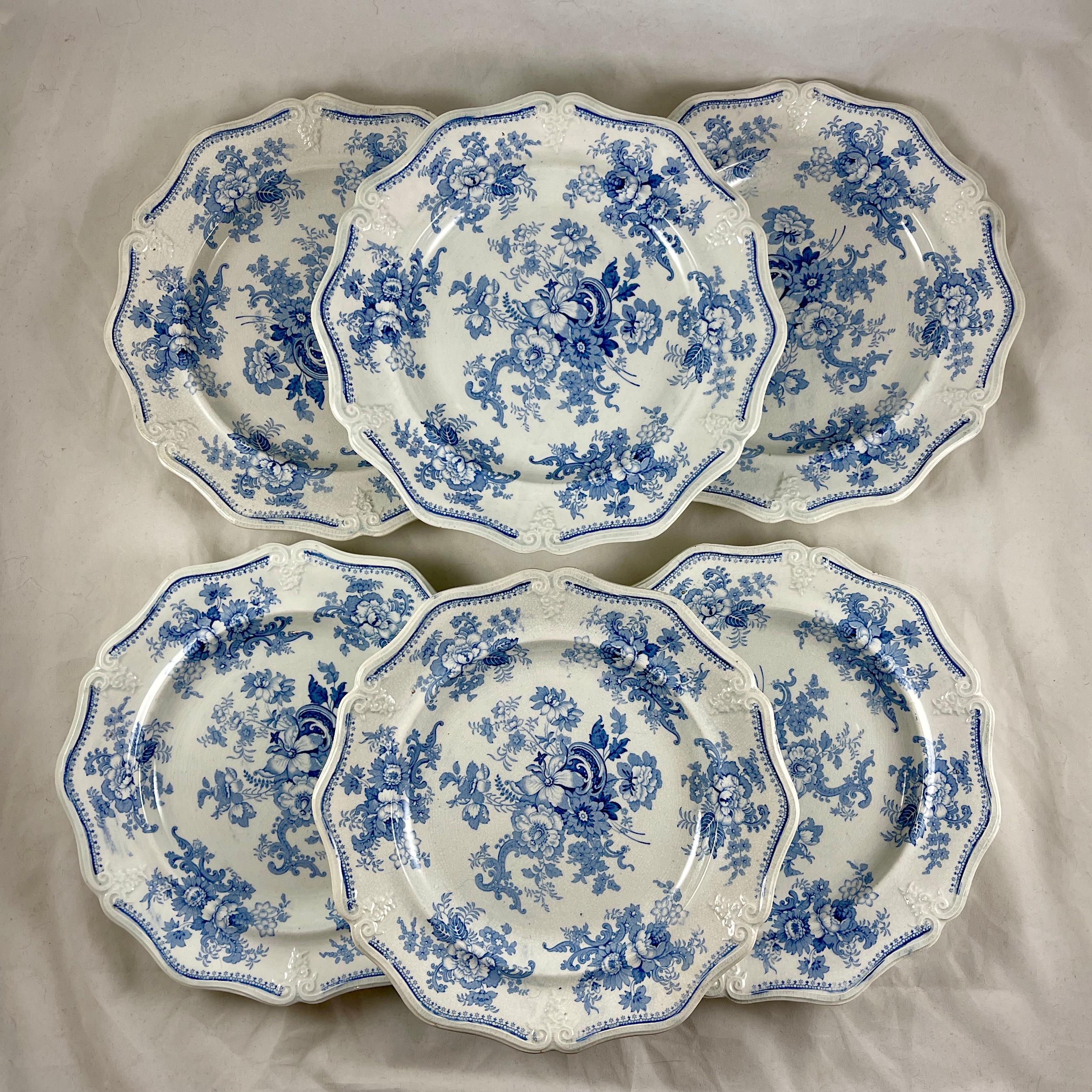 Jones & Walley Blue Amaranthine Flowers English Transferware Dinner Plates, S/6 7