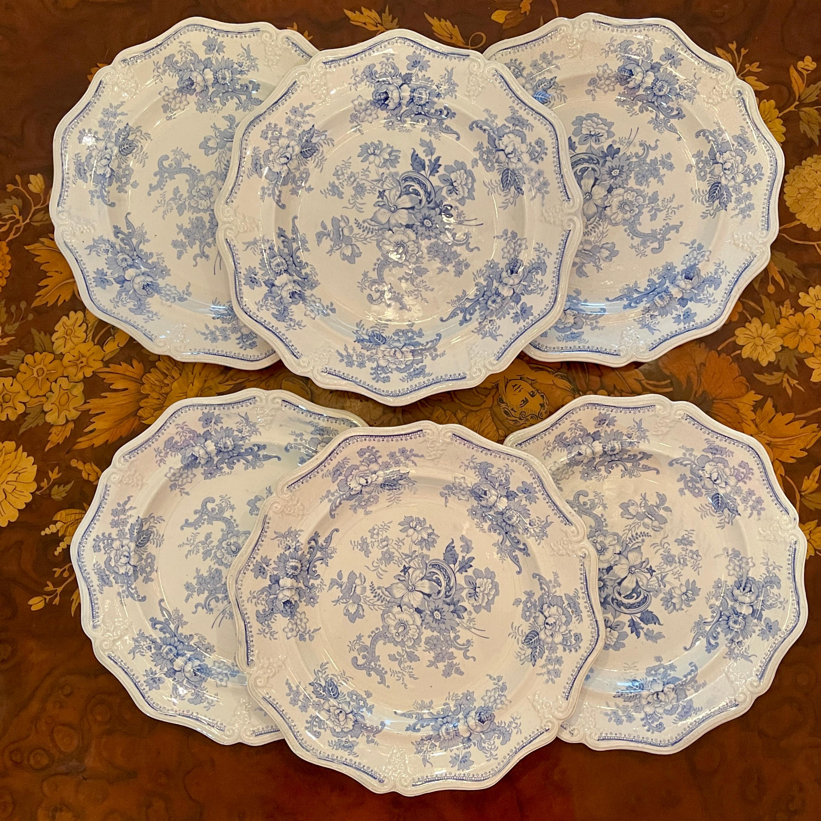 In the “Amaranthine Flowers” pattern, a set of six dinner plates, by Elijah Jones & Edward Walley – Hanley Cobridge Staffordshire, England - Circa 1841-1843.

A Stone China body, transfer printed in a romantic soft blue. A central bouquet of