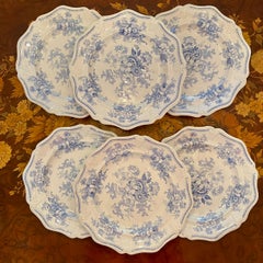 Jones & Walley Blue Amaranthine Flowers English Transferware Dinner Plates, S/6