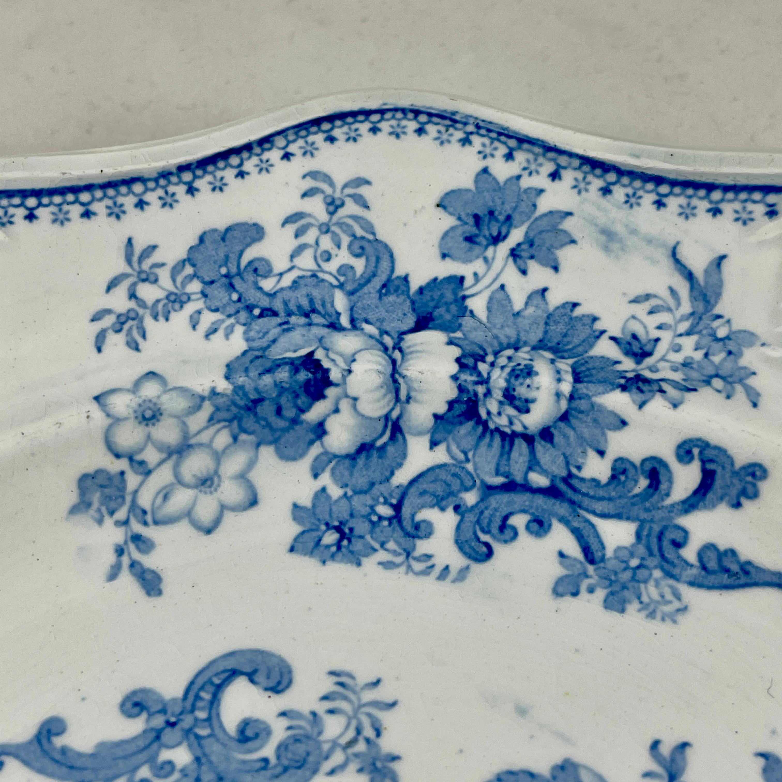 Glazed Jones & Walley Blue Amaranthine Flowers English Transferware Dinner Plates, S/6