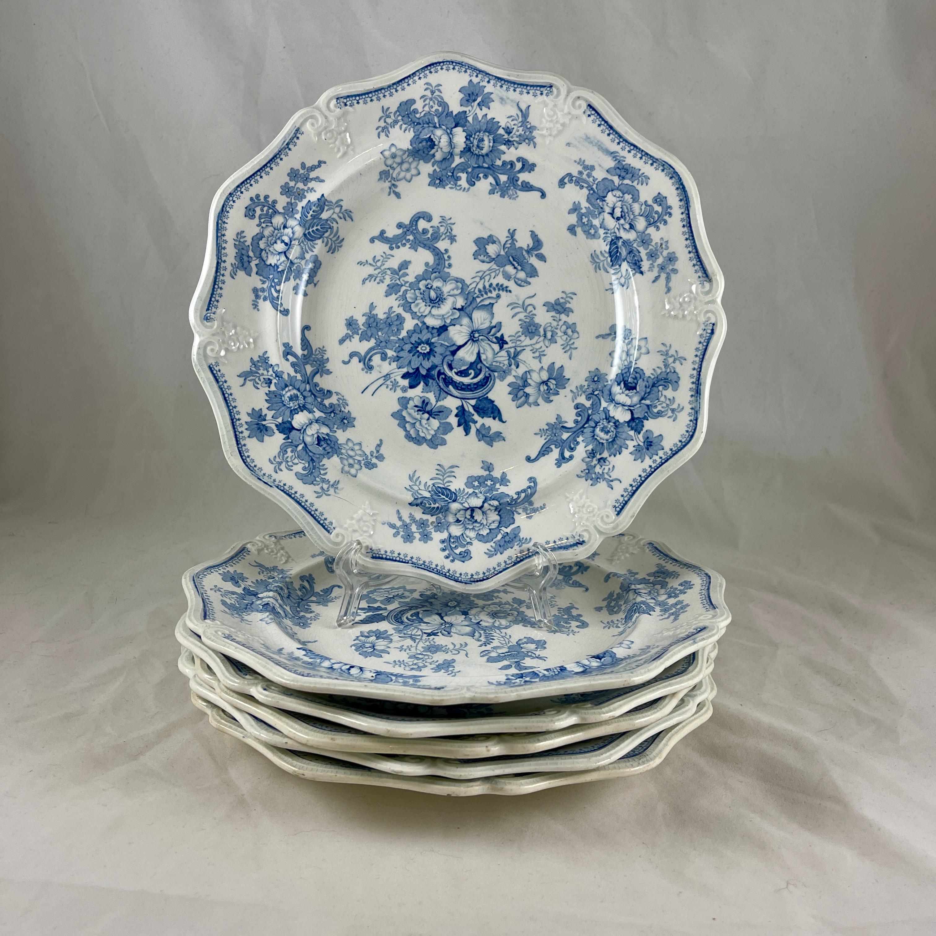 19th Century Jones & Walley Blue Amaranthine Flowers English Transferware Dinner Plates, S/6