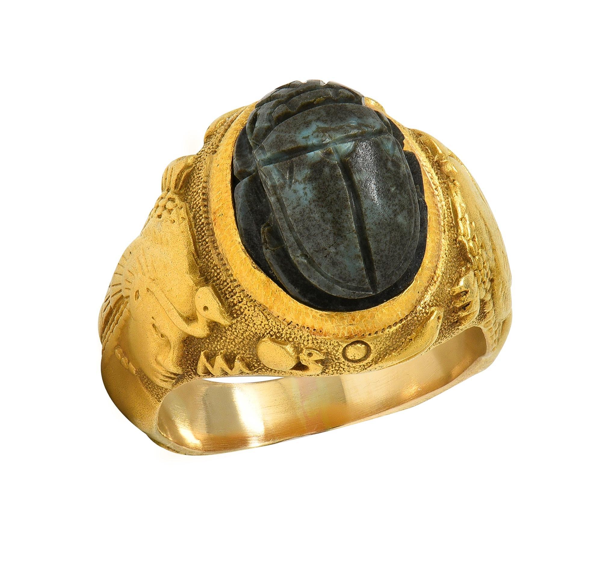 Jones Woodland, bague scarabée ancienne Art déco néo-égyptien en pierre dure 14 carats en vente 5