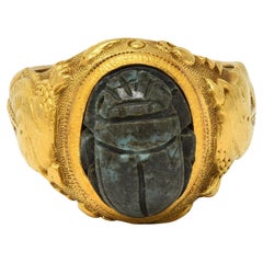 Jones Woodland Art Deco Egyptian Revival Hardstone 14K Gold Antique Scarab Ring