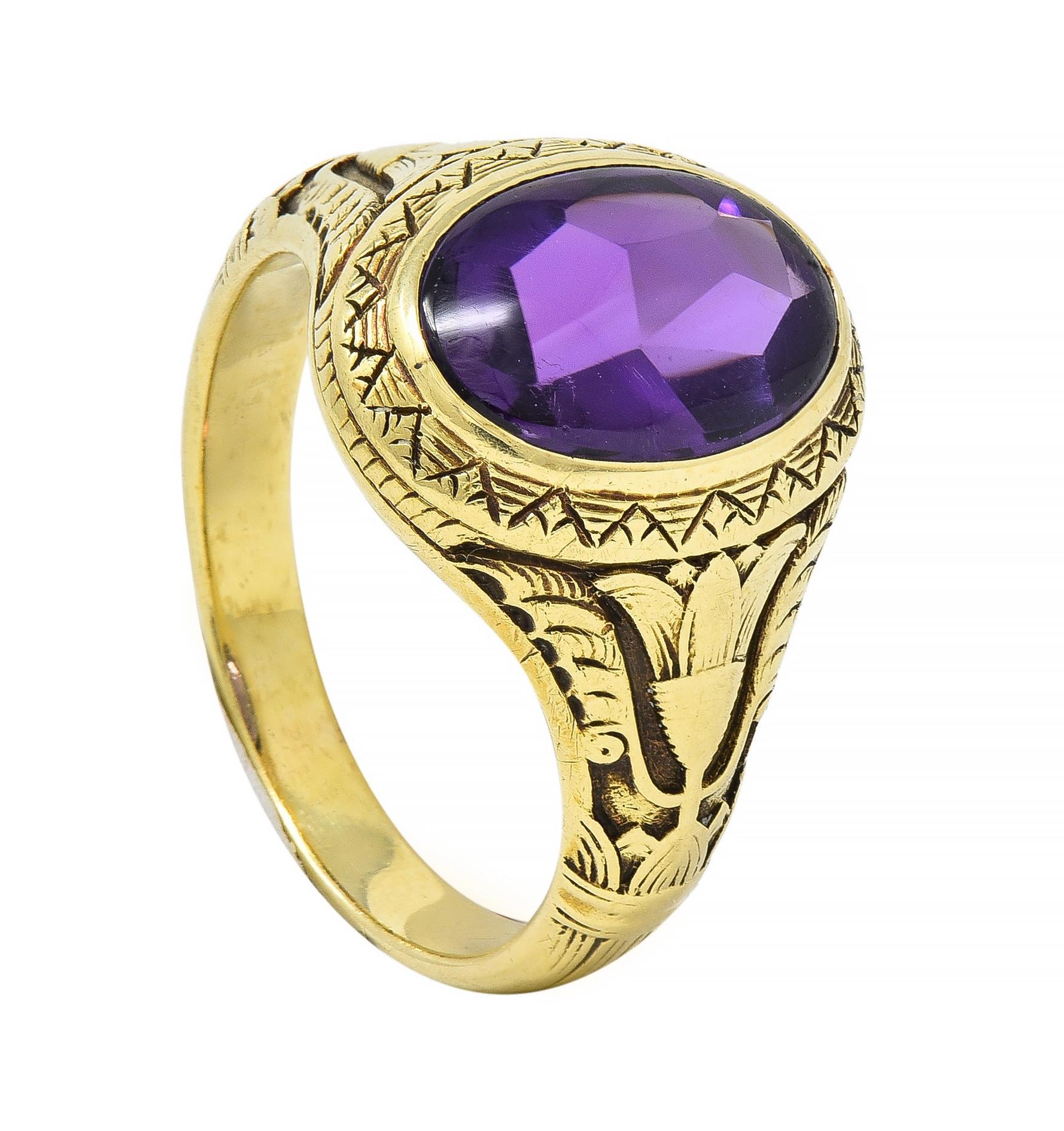 Jones & Woodland Art Nouveau Egyptian Revival Amethyst 14 Karat Gold Lotus Ring 7