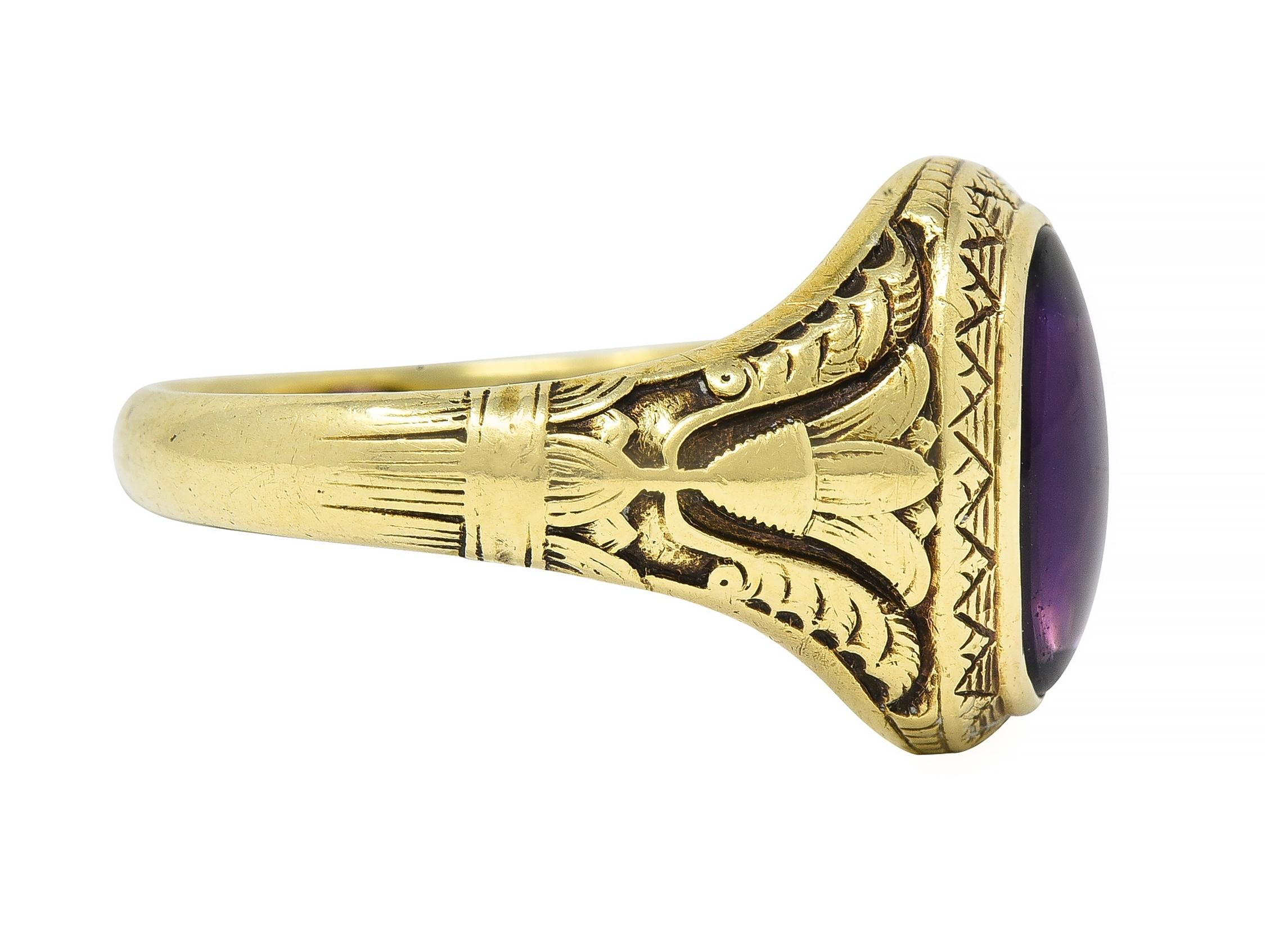 Jones & Woodland Art Nouveau Egyptian Revival Amethyst 14 Karat Gold Lotus Ring In Excellent Condition In Philadelphia, PA