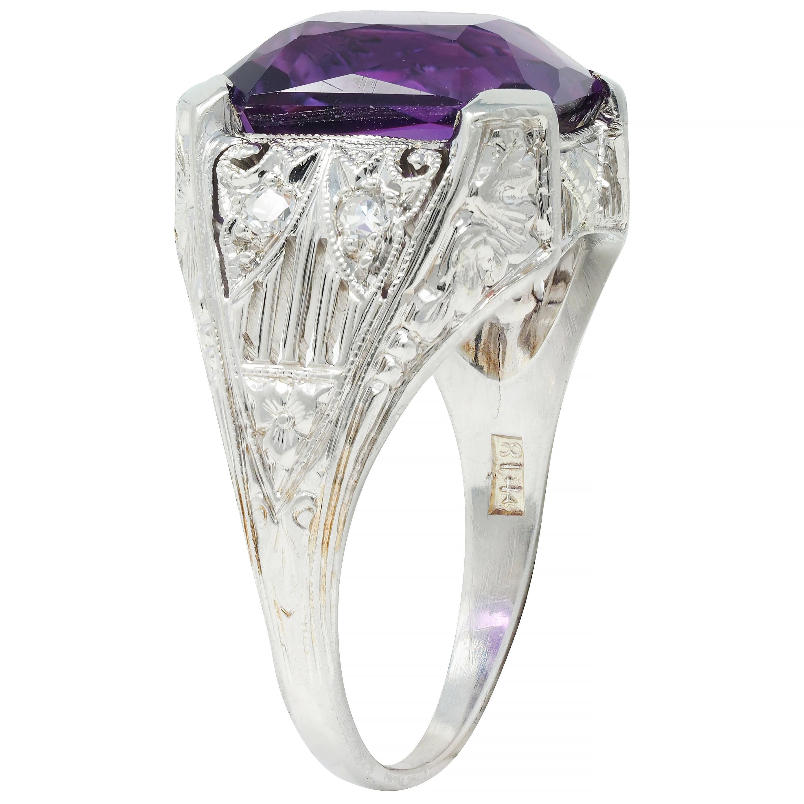 Jones & Woodland CO. Antiker Art Deco Amethyst 18 Karat Weißgold Antiker Blattwerk-Ring 4