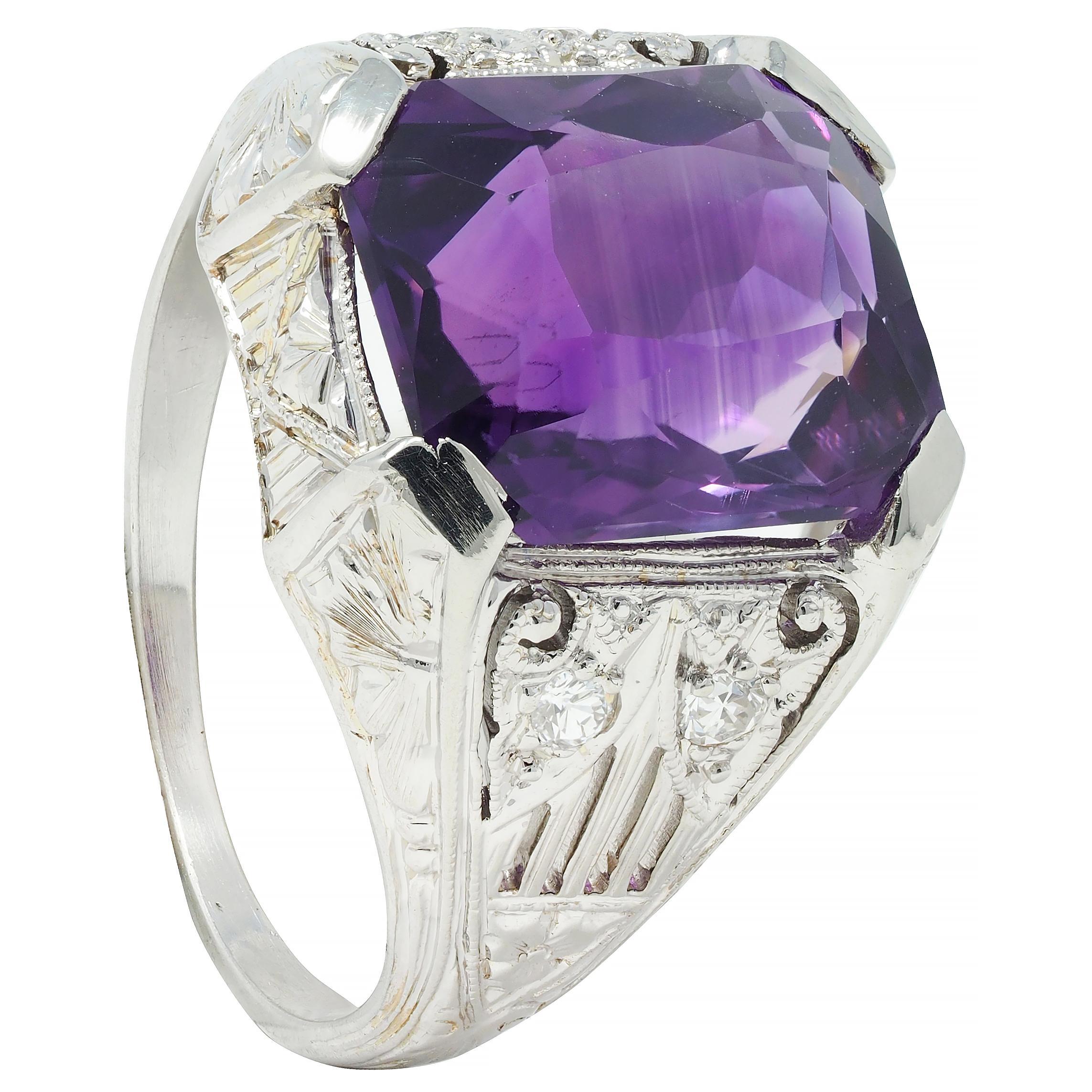 Jones & Woodland CO. Antiker Art Deco Amethyst 18 Karat Weißgold Antiker Blattwerk-Ring 6
