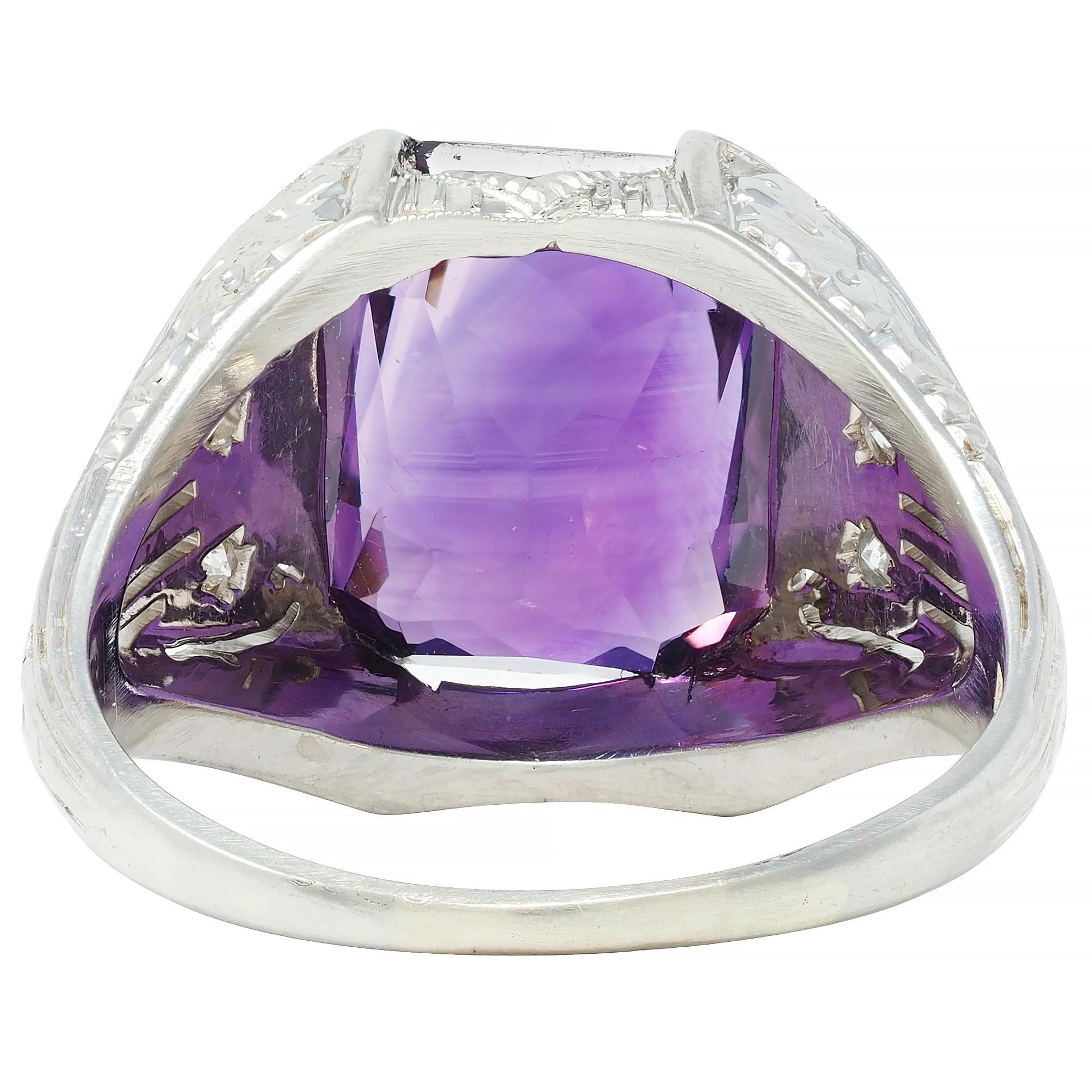 Women's or Men's Jones & Woodland CO. Art Deco Amethyst 18 Karat White Gold Antique Foliate Ring For Sale