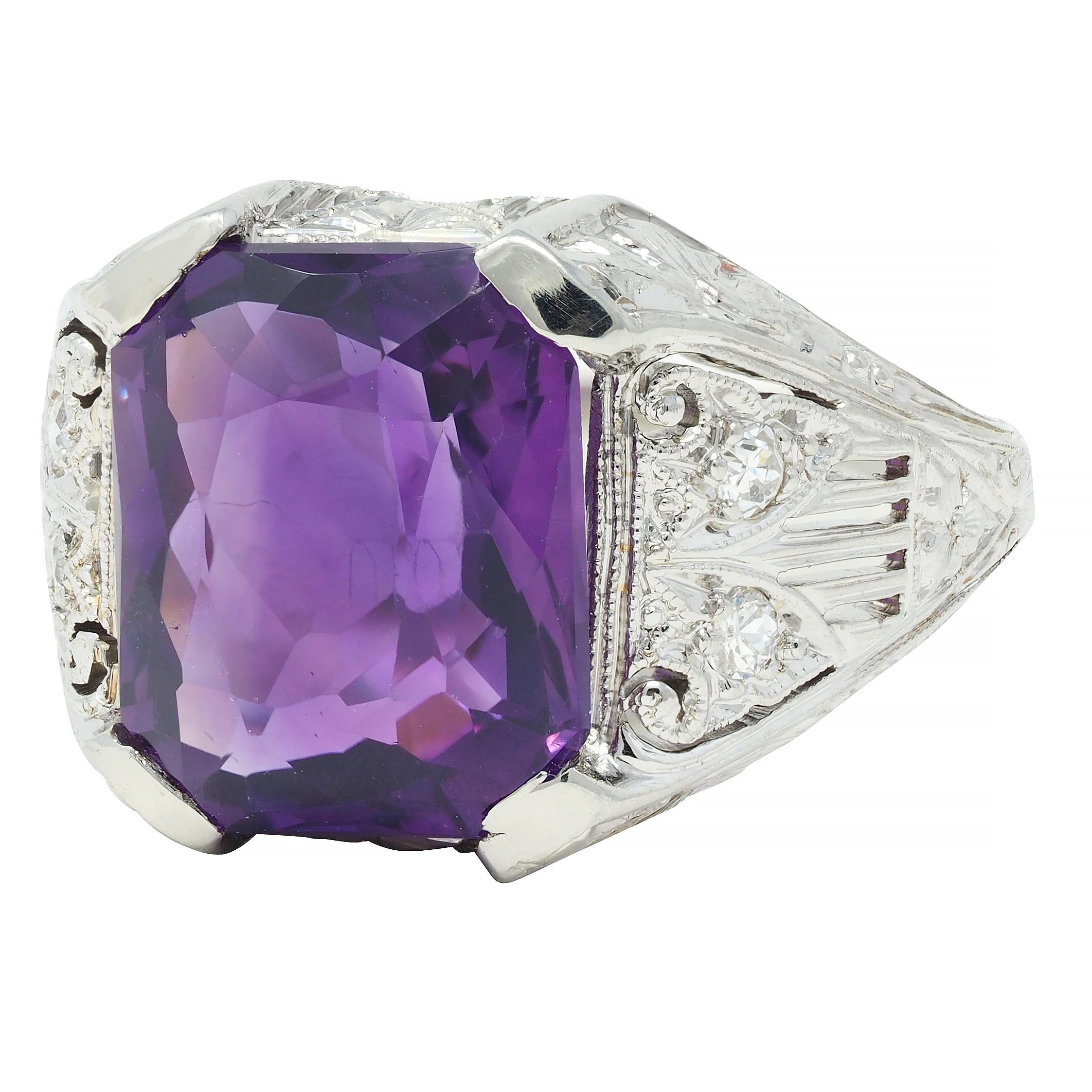 Jones & Woodland CO. Antiker Art Deco Amethyst 18 Karat Weißgold Antiker Blattwerk-Ring 1