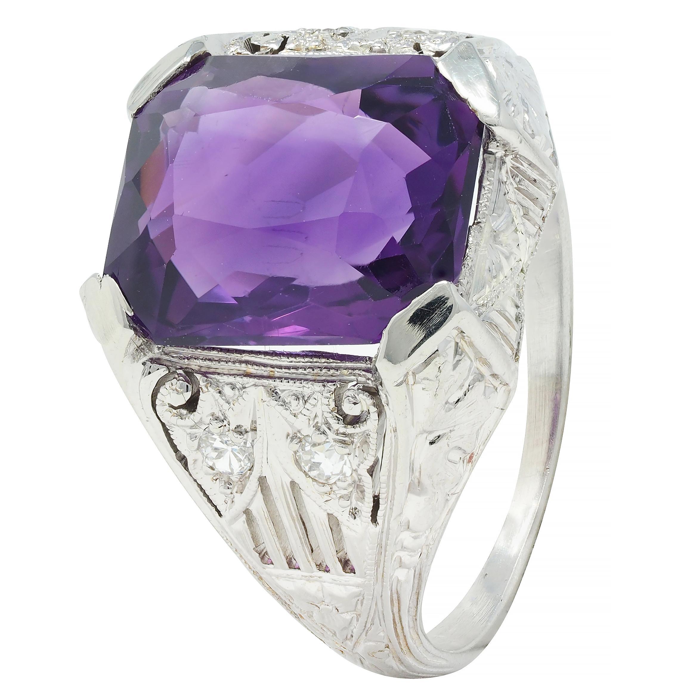 Jones & Woodland CO. Art Deco Amethyst 18 Karat White Gold Antique Foliate Ring For Sale 3