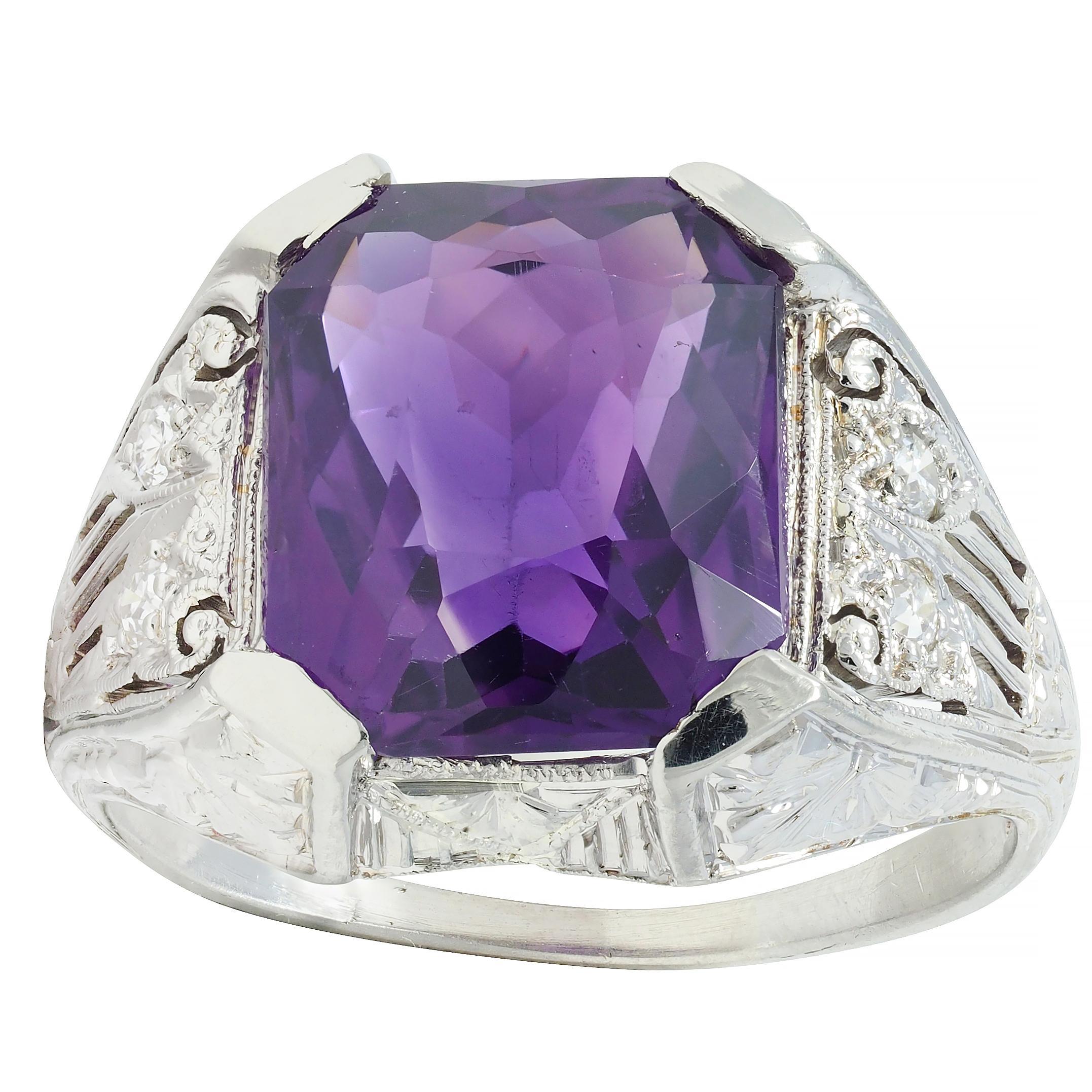 Jones & Woodland CO. Antiker Art Deco Amethyst 18 Karat Weißgold Antiker Blattwerk-Ring 3