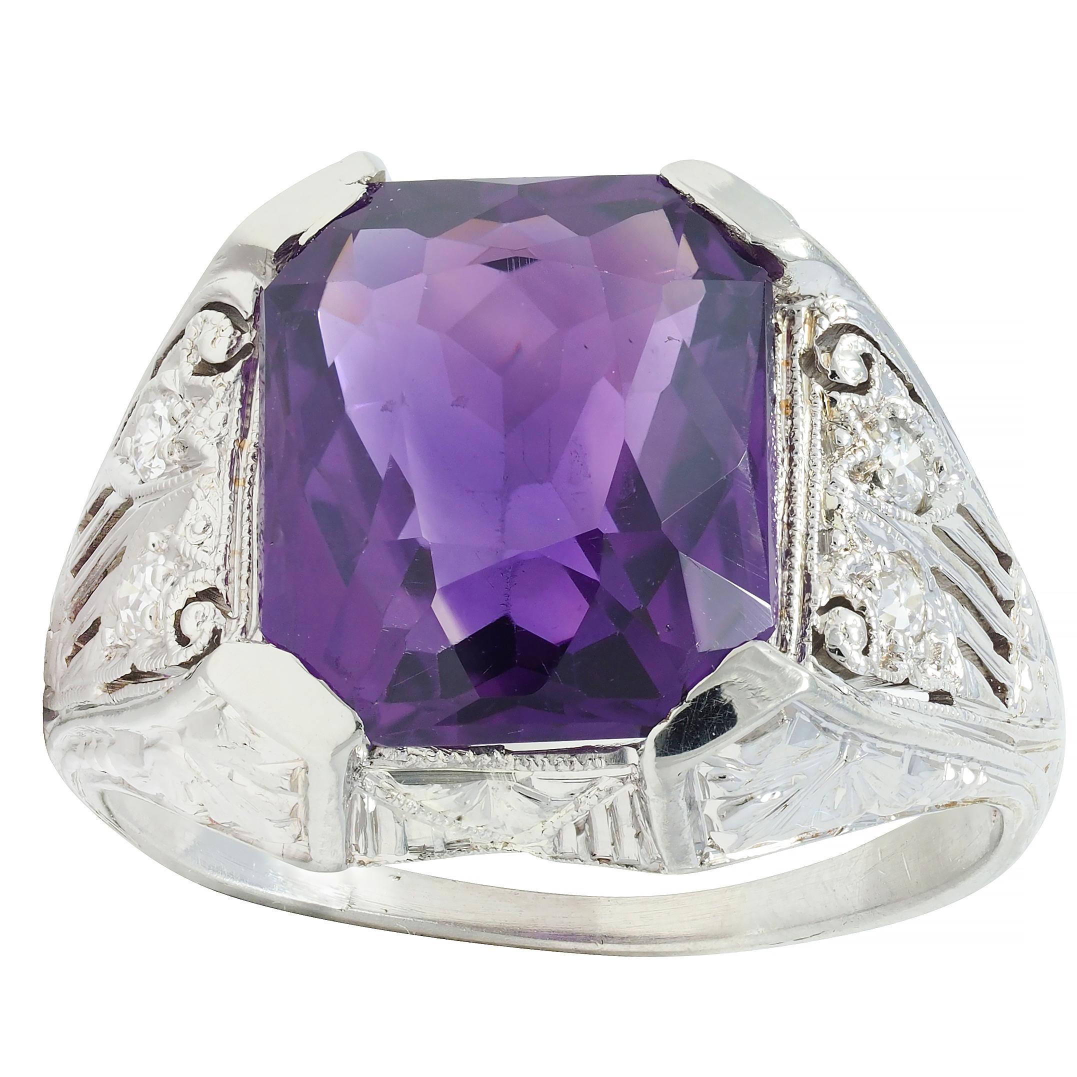 Jones & Woodland CO. Art Deco Amethyst 18 Karat White Gold Antique Foliate Ring For Sale 4