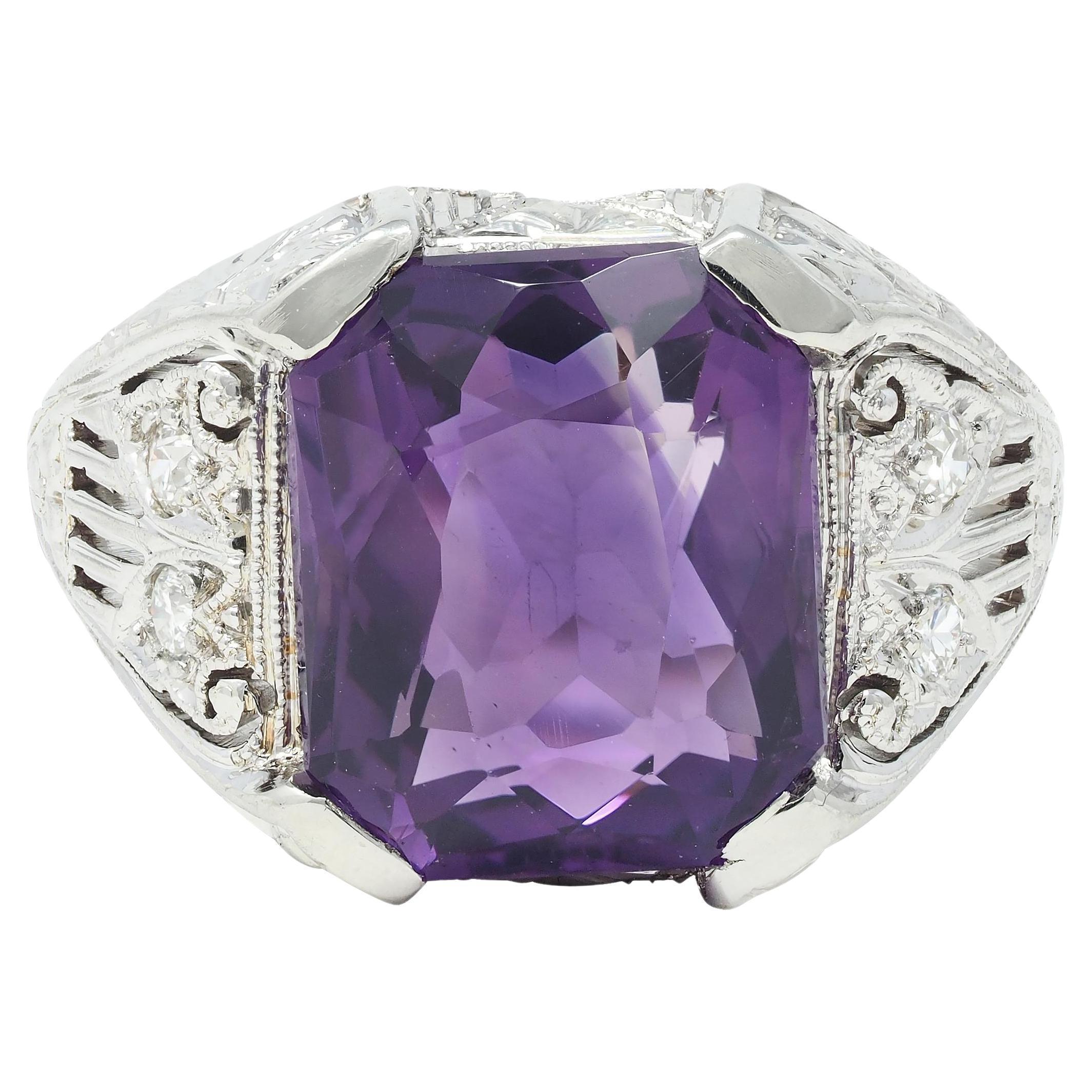 Jones & Woodland CO. Antiker Art Deco Amethyst 18 Karat Weißgold Antiker Blattwerk-Ring