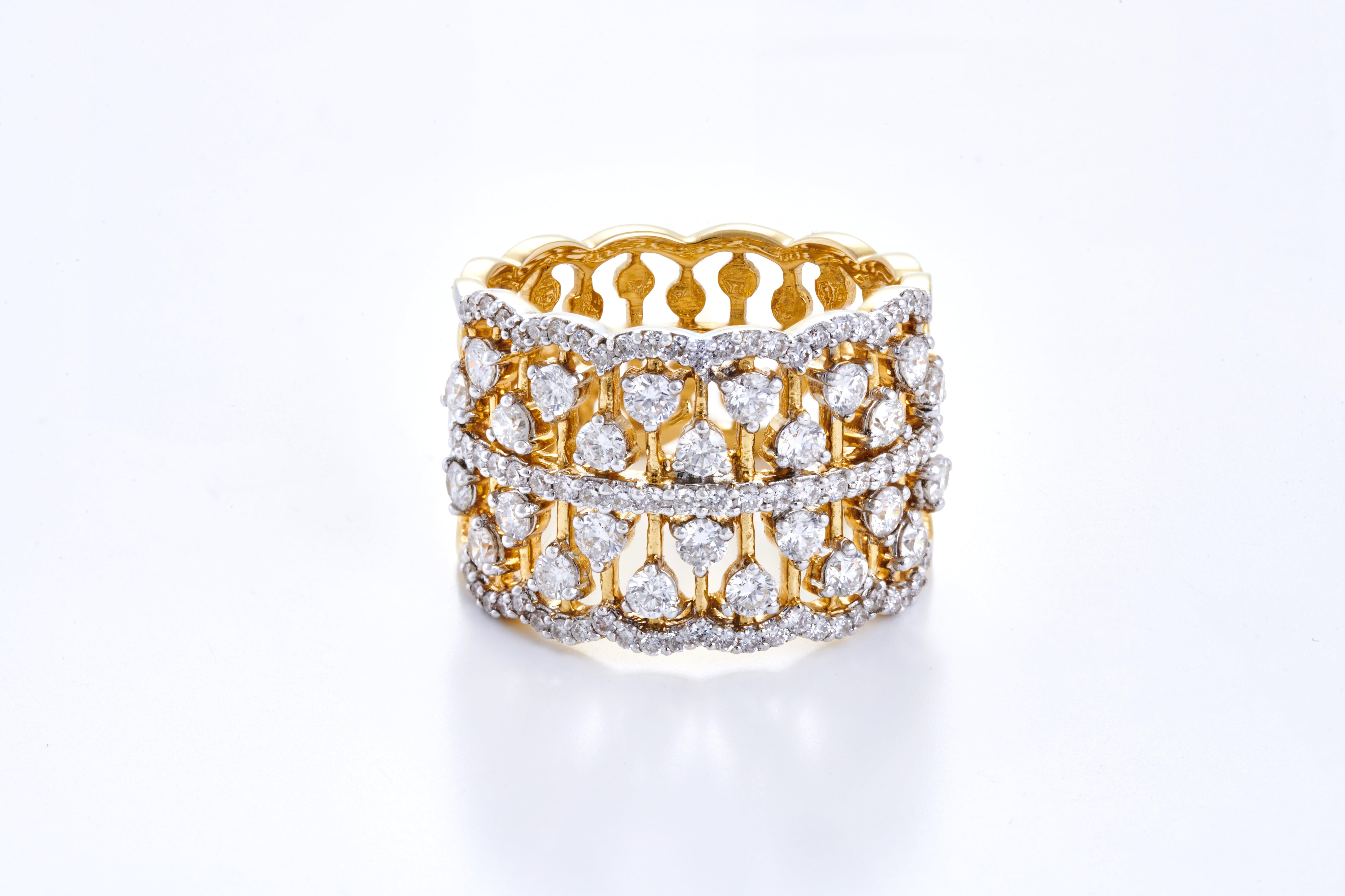 This Ring is studded with 98 pieces of VS quality and G colour weighing 1.24 carats in 7.61 grams of 18K Yellow Gold. 

These diamonds have been carefully picked and selected from authentic sources and complete importance has been given to respect &