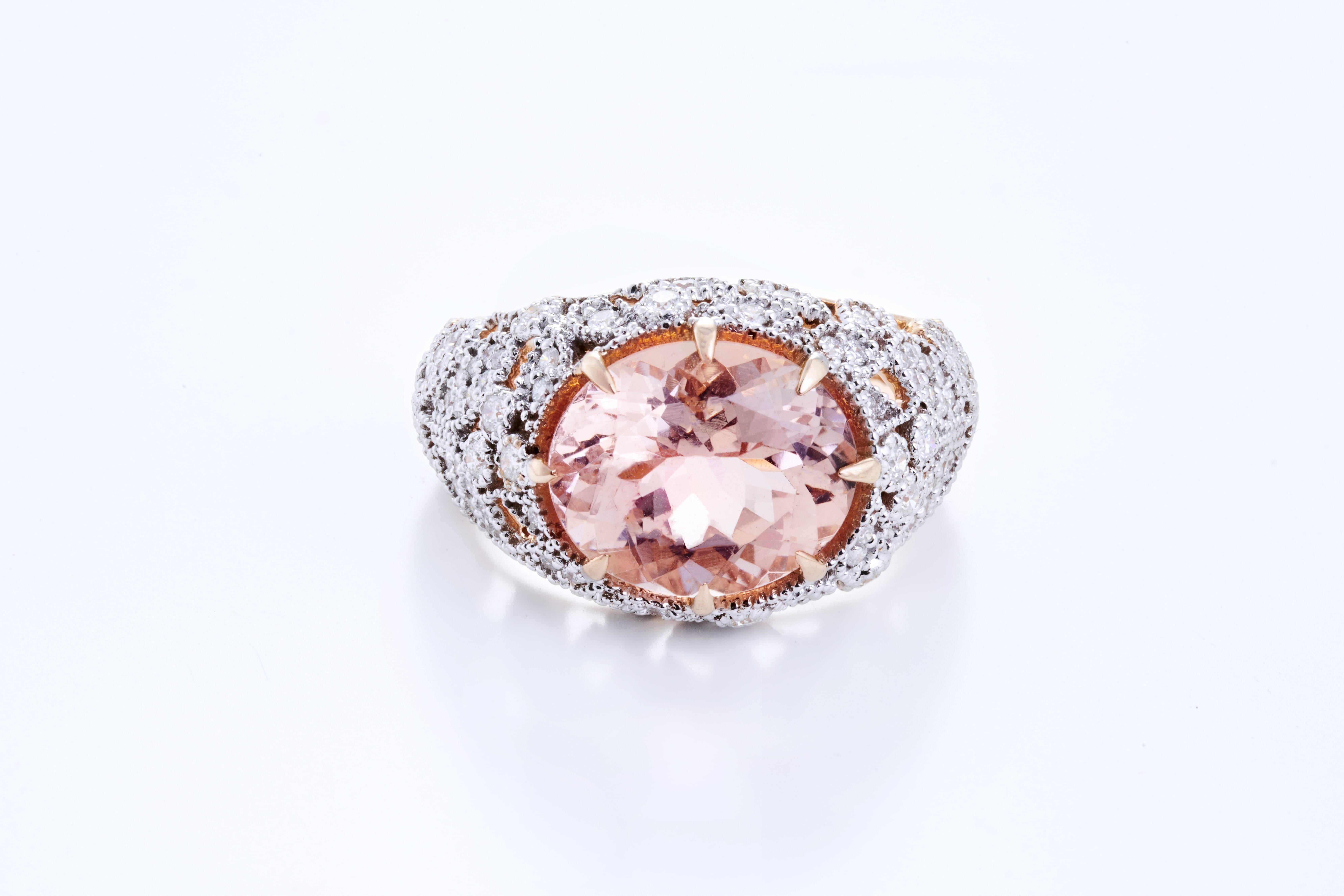 This Ring is set in 7.26 grams of 18K Rose Gold with 100 round cut diamonds around the Gemstone VS/G quality and colour weighing 0.65 carats. 

These diamonds and gemstones have been carefully picked and selected from authentic sources and complete