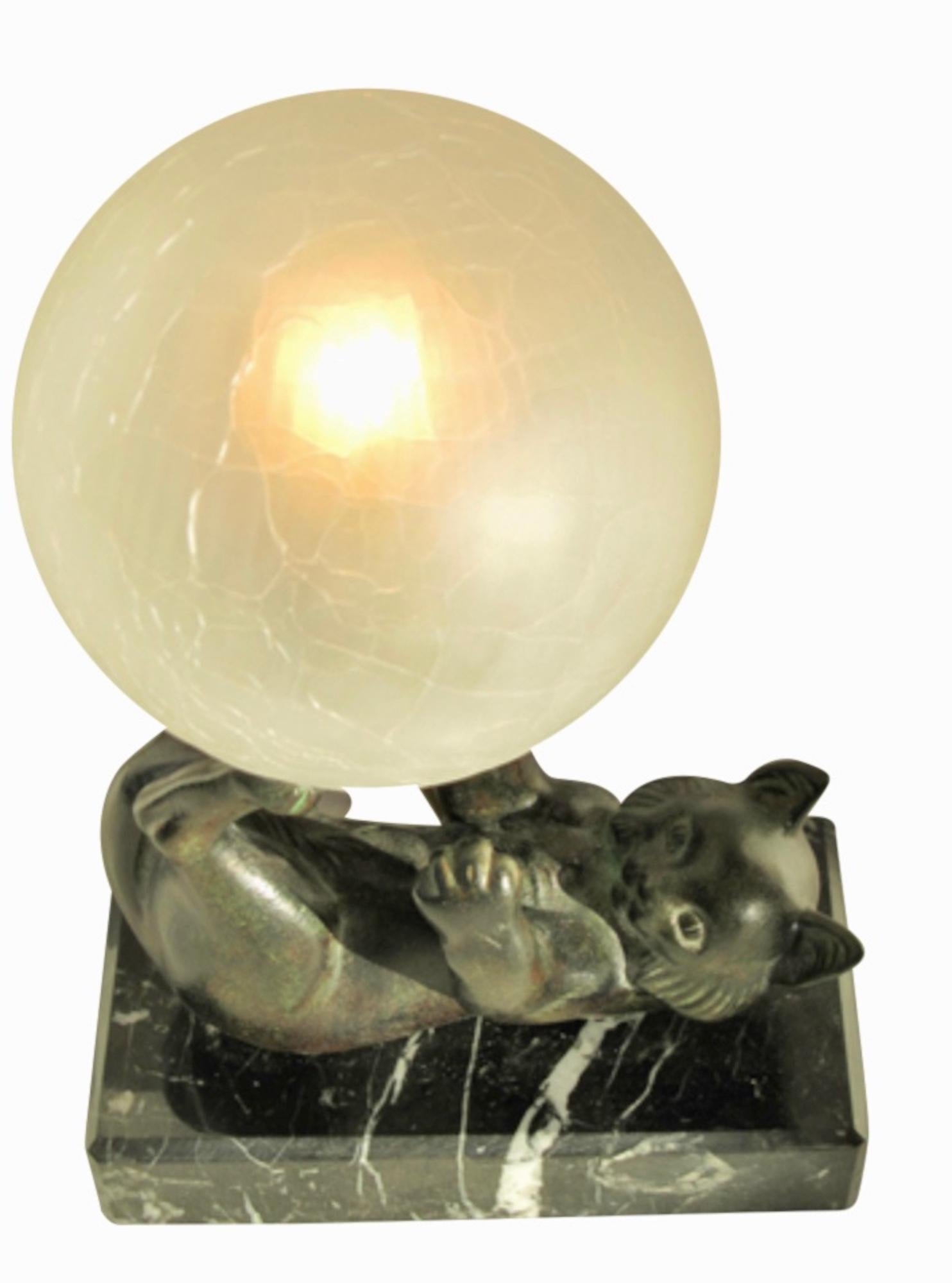Art Deco Jongleur Table Lamp of a Cat with a Glass Ball by Janle and Max Le Verrier