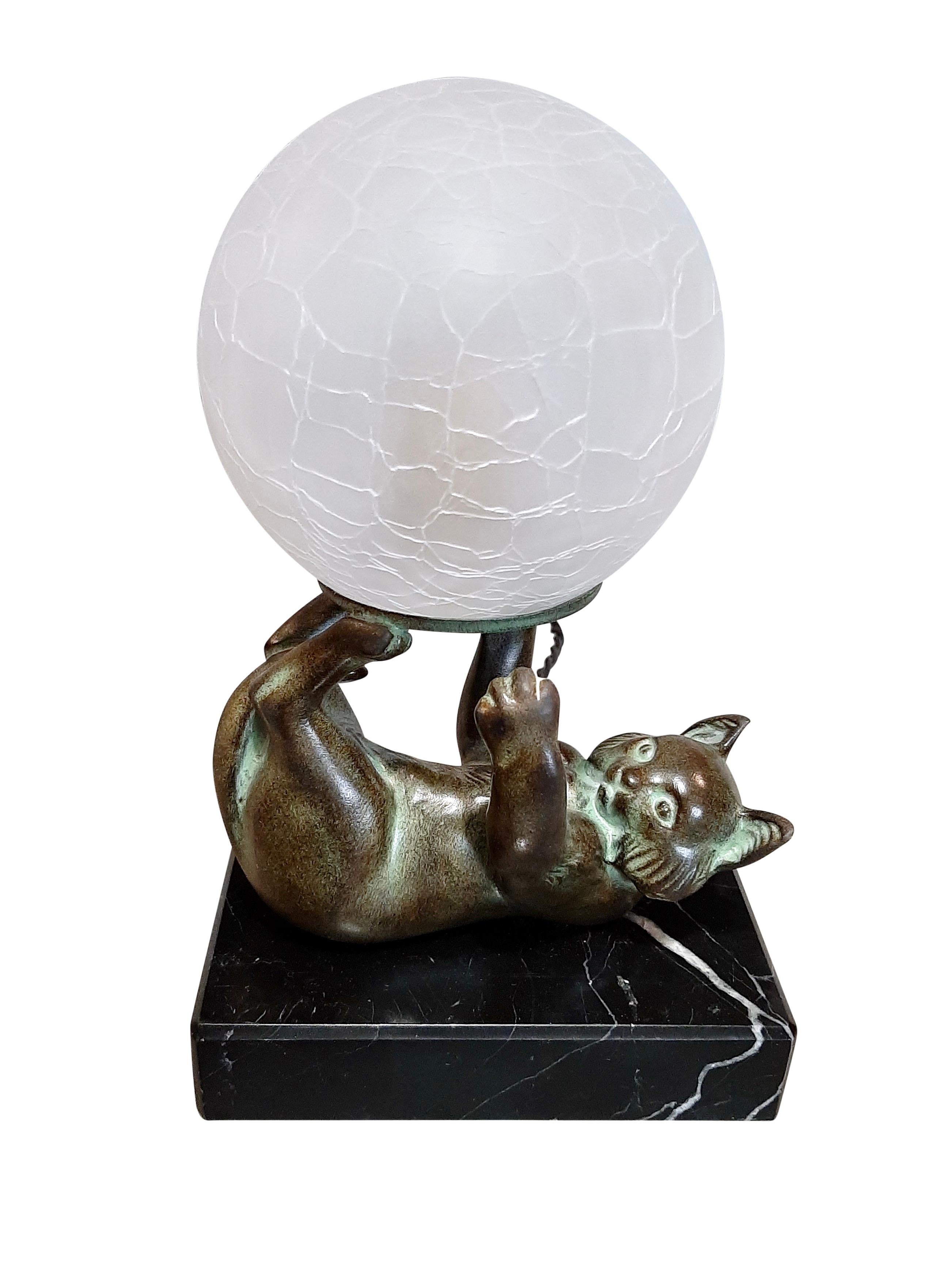 French Jongleur Table Lamp of a Cat with a Glass Ball by Janle and Max Le Verrier