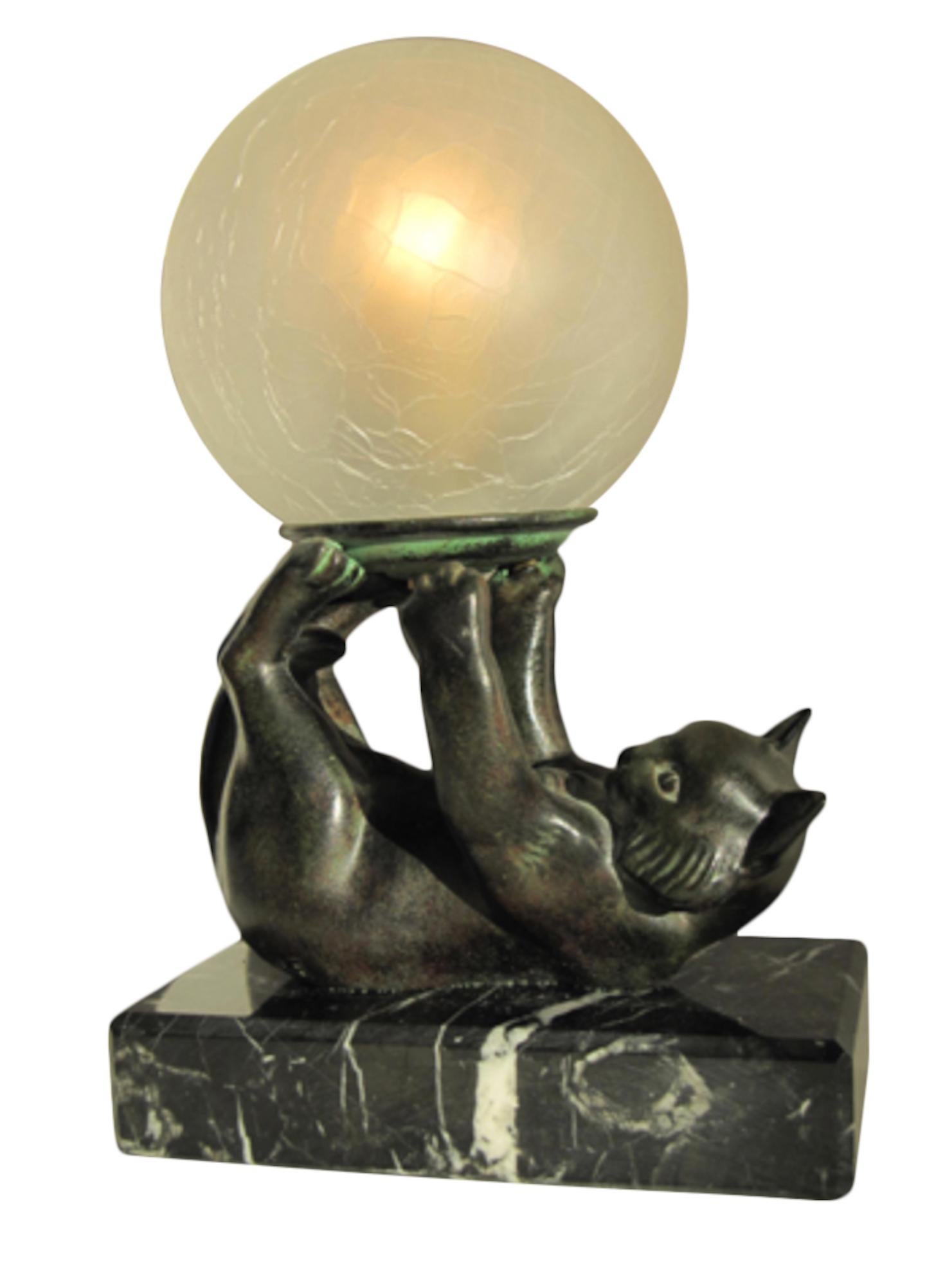 Patinated Jongleur Table Lamp of a Cat with a Glass Ball by Janle and Max Le Verrier