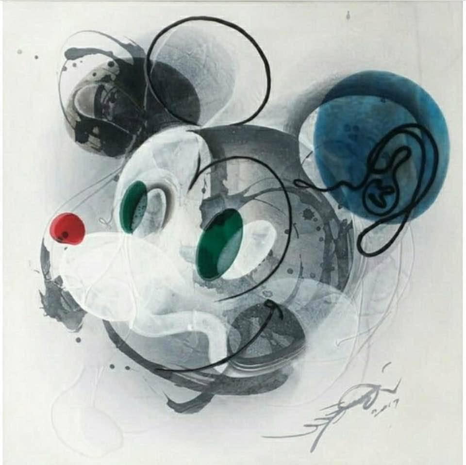 Jongwang Lee Abstract Painting - Ears of the Year, mixed media, 24 x 24 inches. Abstract work of comic character