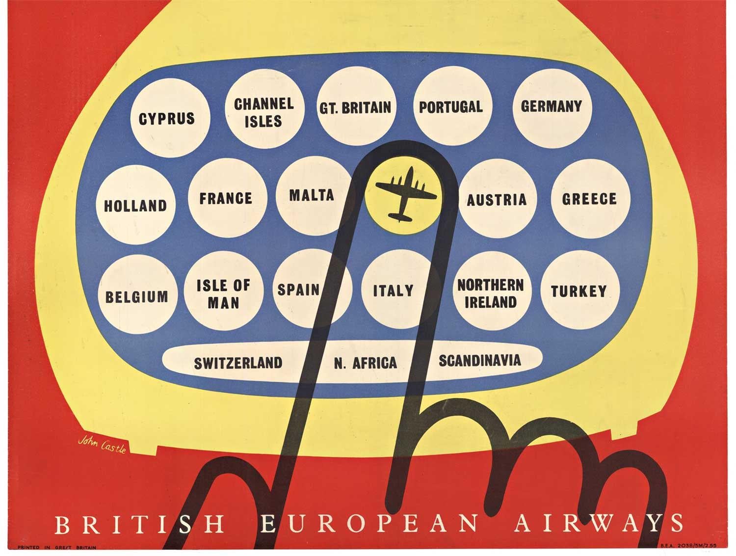 Affiche vintage d'origine « Fly Bea, British Overseas Airways » - Orange Print par John Castle