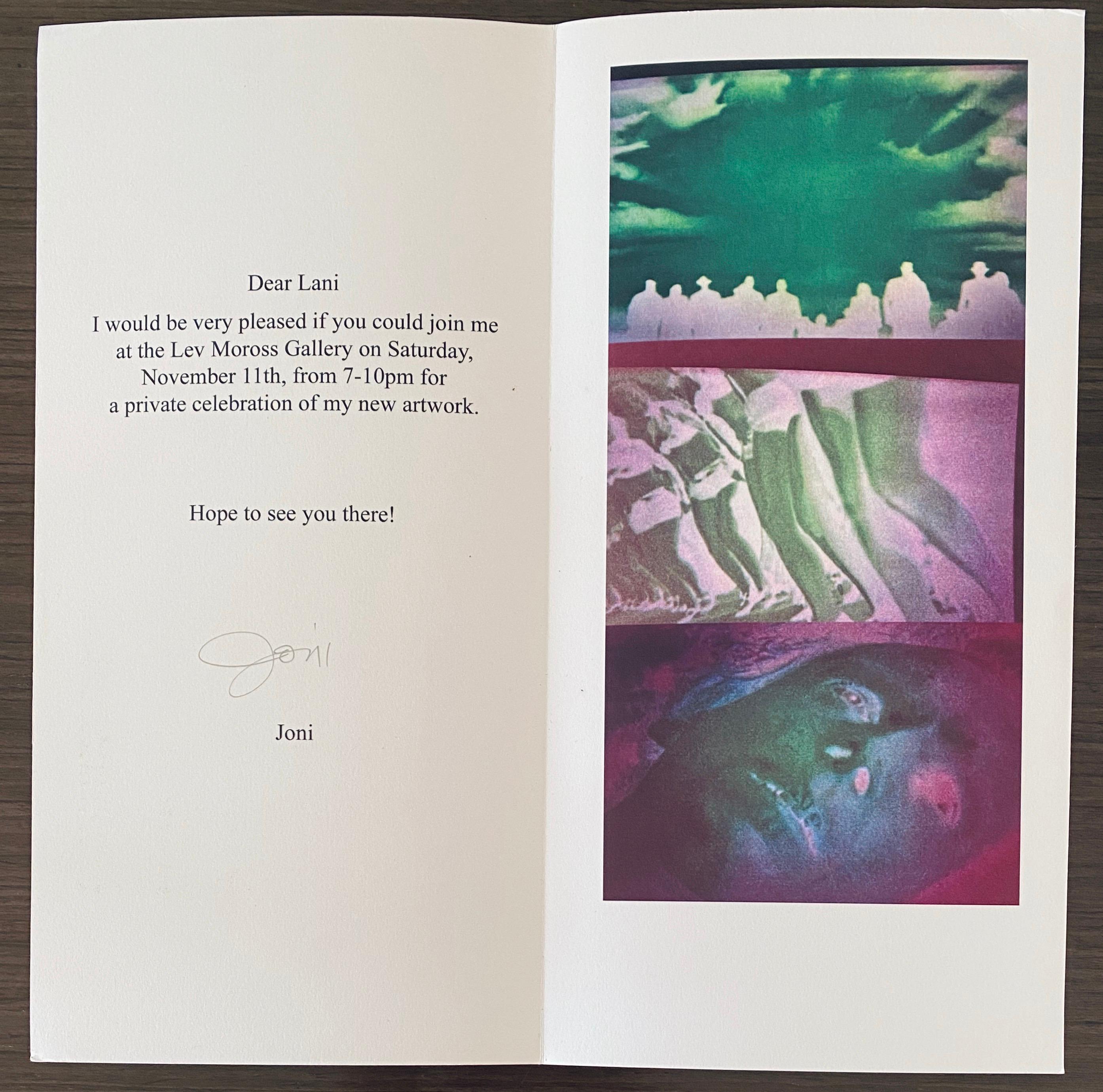 Joni Mitchell 
"Green Flag Song," 
Herausgegeben von Lev Moross Gallery. Los Angeles, CA
Aus einer Ausstellung von  60 große fotografische Triptychen. Als Mitchells Fernsehgerät kaputt ging, begann es, Bilder auszusenden, die wie fotografische