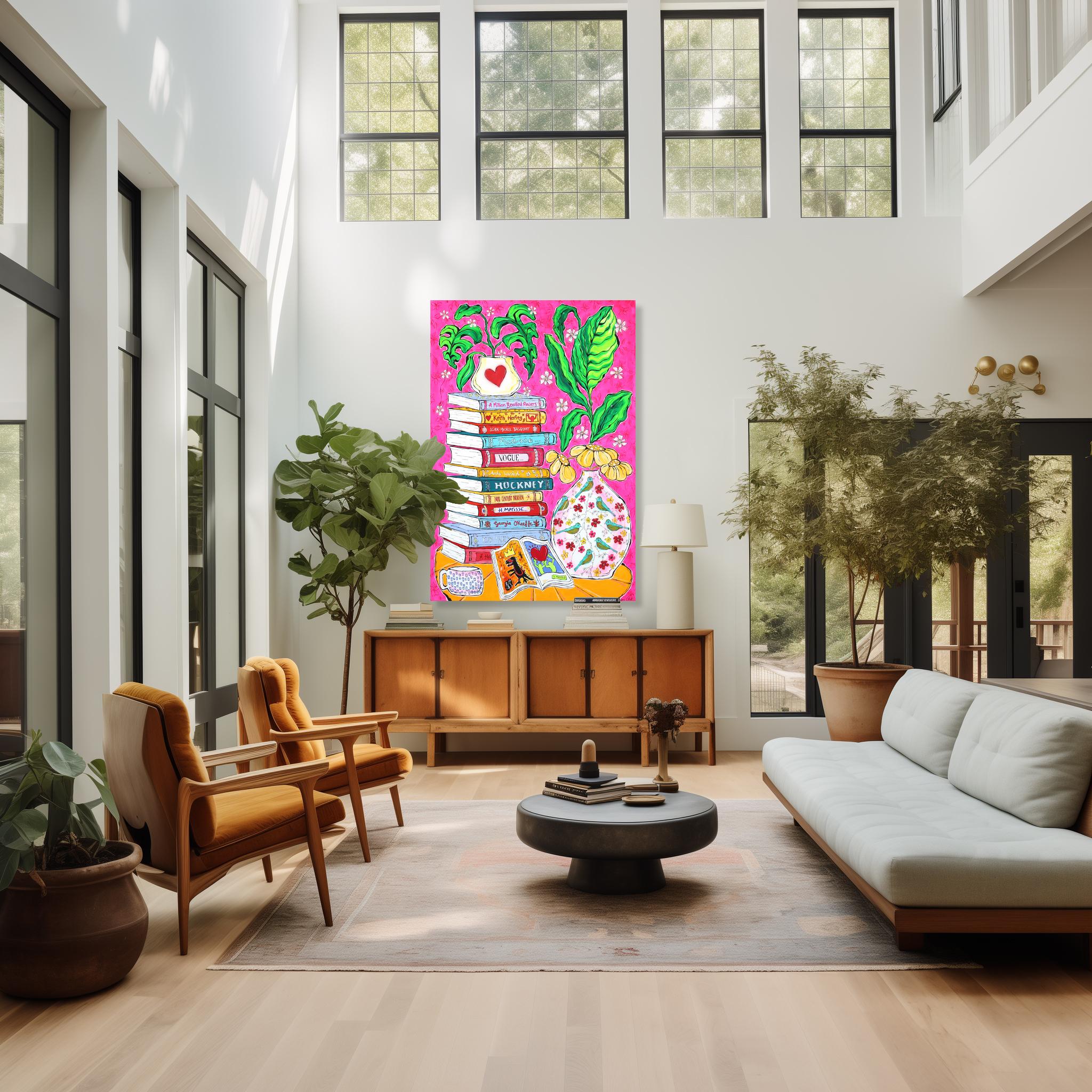 A Design for Life - Abstract Colorful Books Plant Still Life Acrylic Painting - Pink Still-Life Painting by Jonjo Elliott