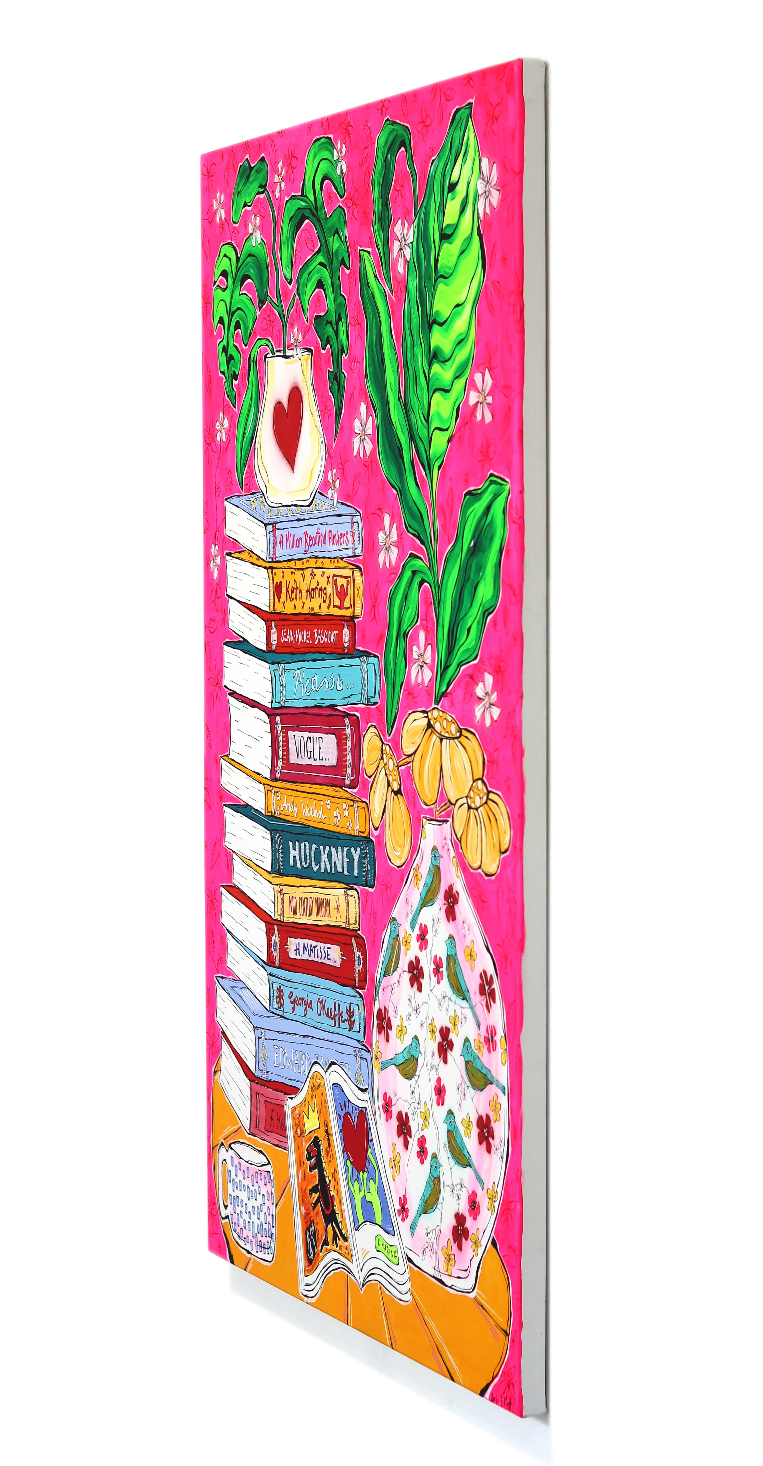 A Design for Life - Abstract Colorful Books Plant Still Life Acrylic Painting For Sale 1